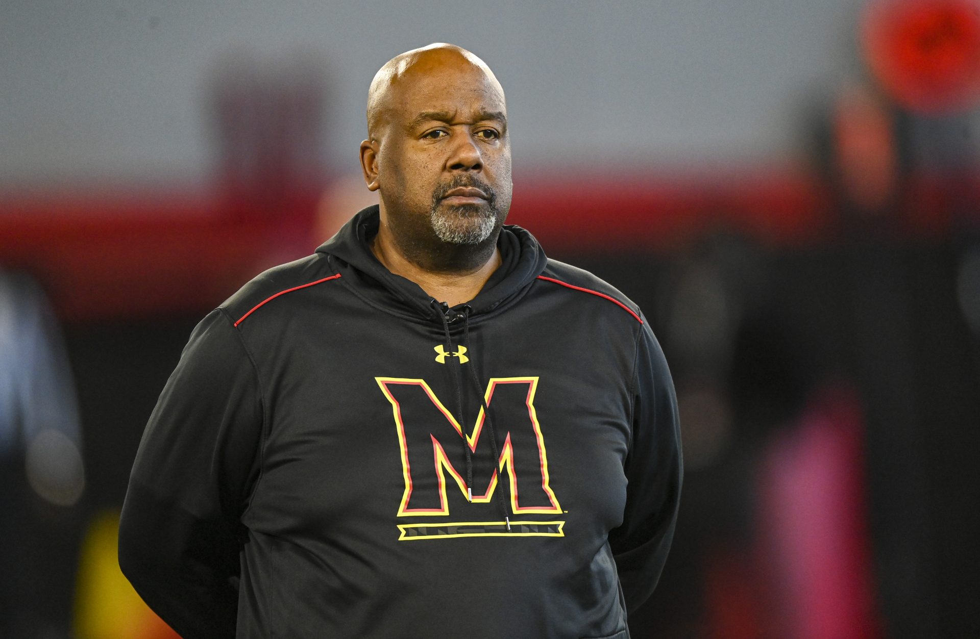 COLLEGE PARK, MD - MARCH 29: Maryland head coach Mike Locksley looks on during spring football practice. Photo by Jonathan Newton/The Washington Post)