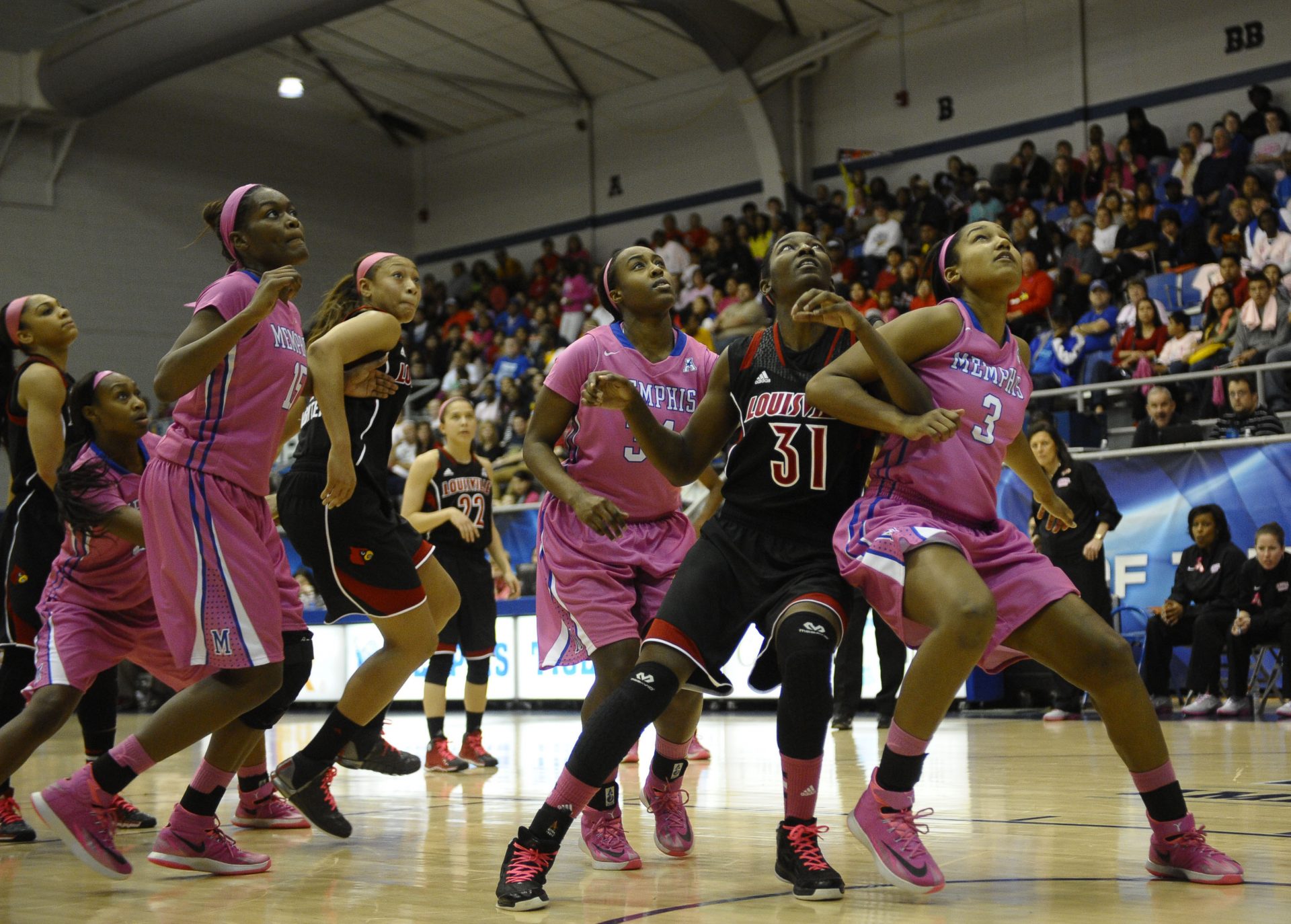 Memphis Tigers guard Taylor Williams (3) guards Louisville Cardinals forward Asia Taylor (31) during the first half at Elma Roane Field House.