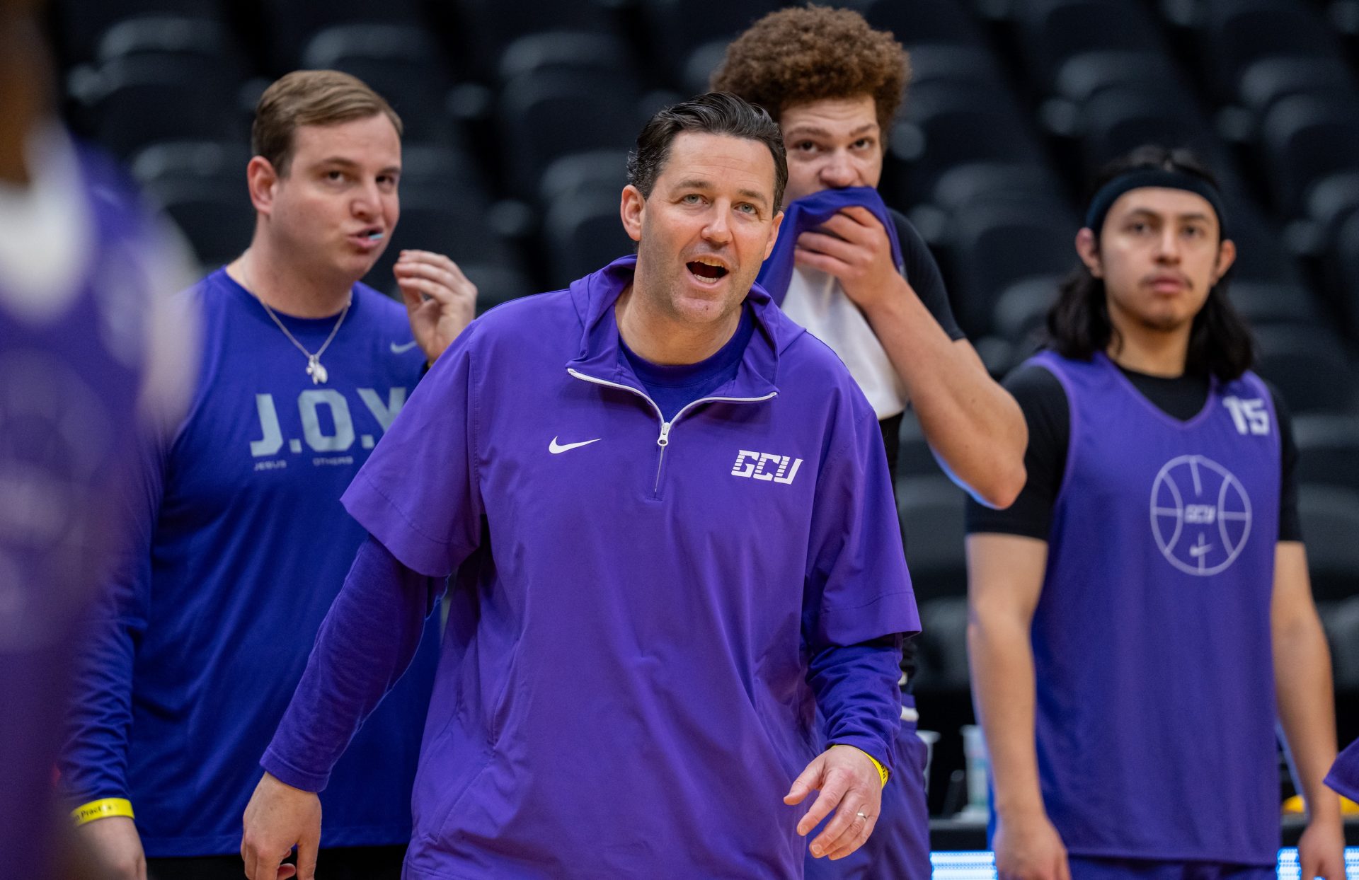 Grand Canyon Antelopes head coach Bryce Drew yells to his team during practice at Climate Pledge Arena.