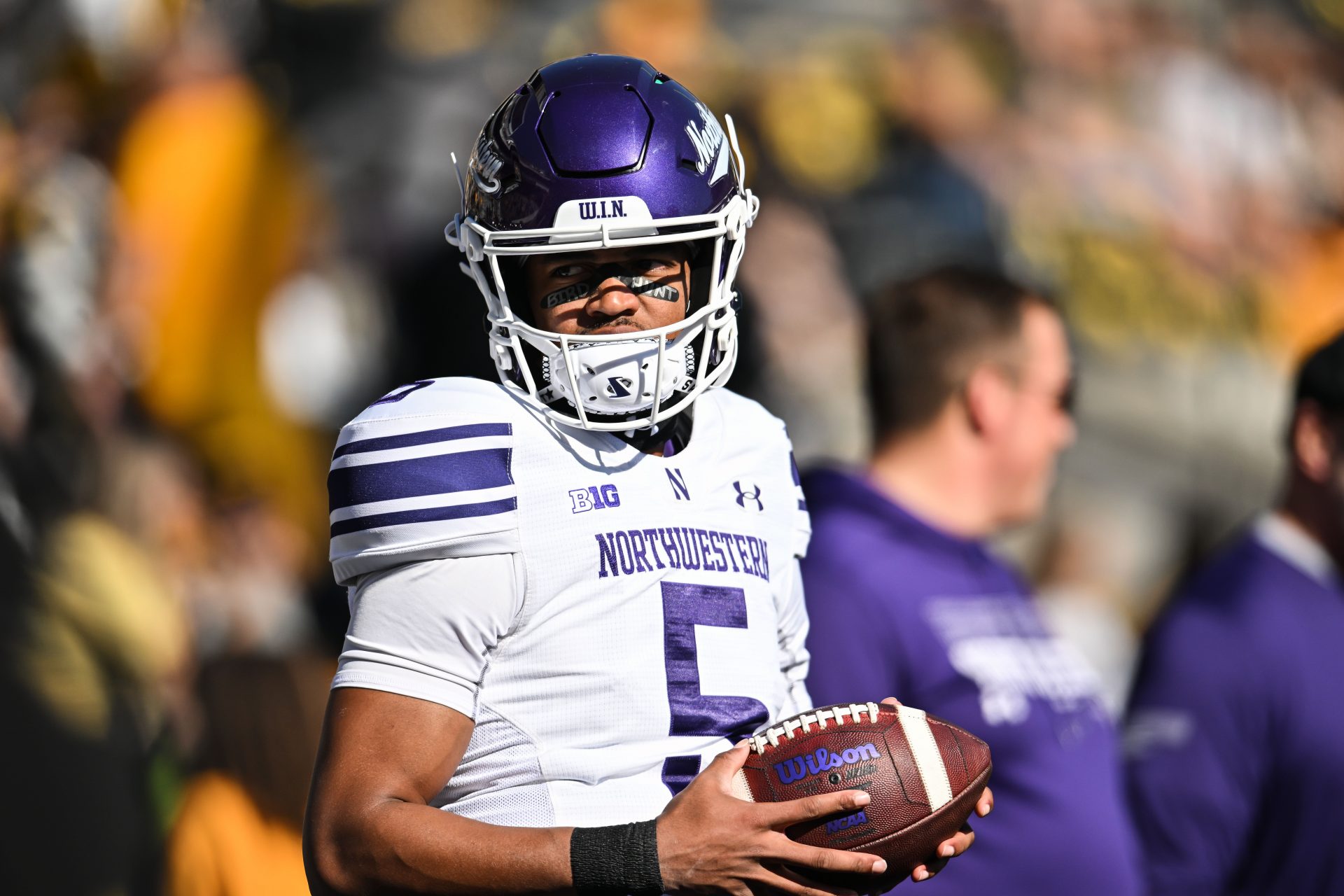 Northwestern Wildcats quarterback Mike Wright (5) looks on before a game against the Iowa Hawkeyes at Kinnick Stadium.