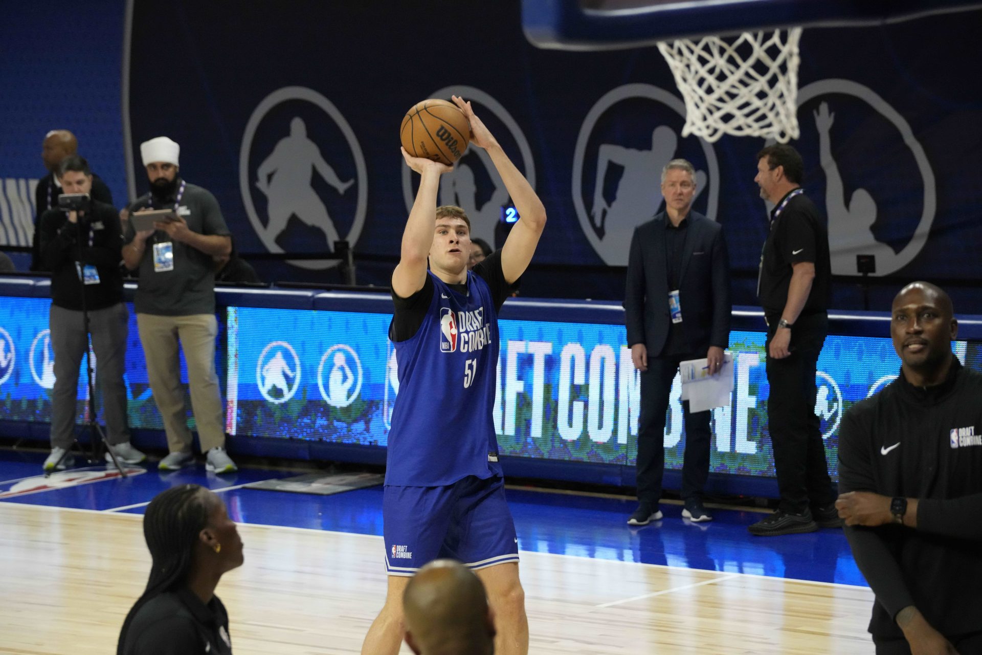 Cooper Flagg (51) participates in the 2025 NBA Draft Combine at Wintrust Arena.