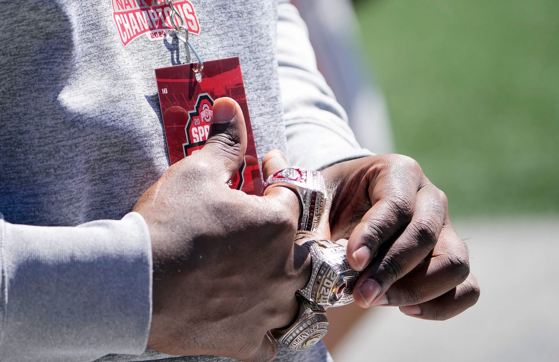 Former Ohio State Buckeye Donovan Jackson received three rings for winning the College Football Playoffs during the spring game at Ohio Stadium on April 12, 2025. Players and coaches from the 2024 championship team received a ring for making the College Football Playoff, one from the CFP for winning it and a championship ring from Ohio State.
