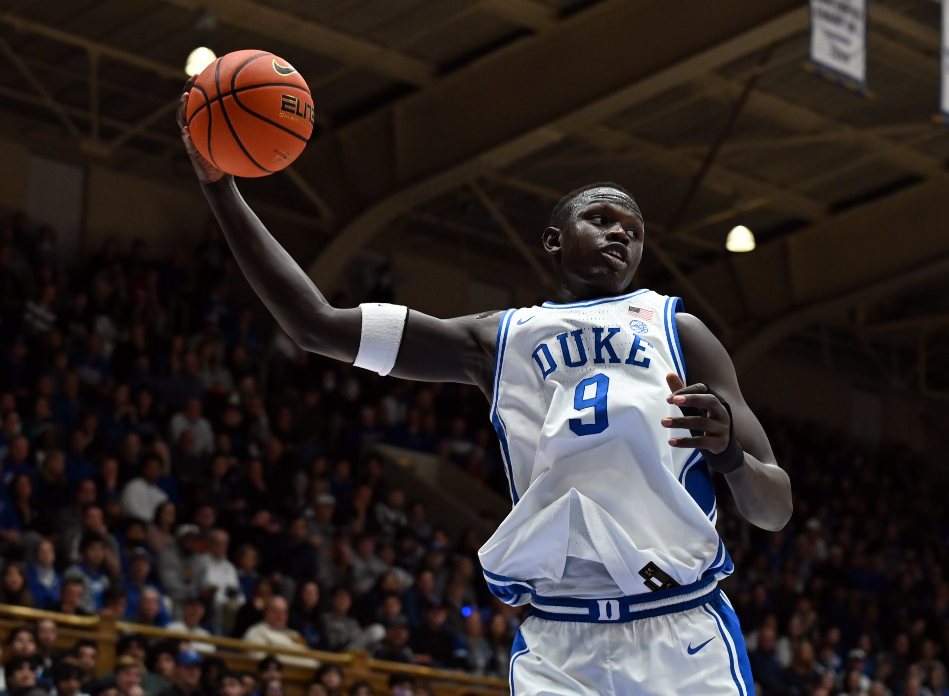 Duke Blue Devils center Khaman Maluach (9) rebounds a ball during the first half against the Miami Hurricanes at Cameron Indoor Stadium.