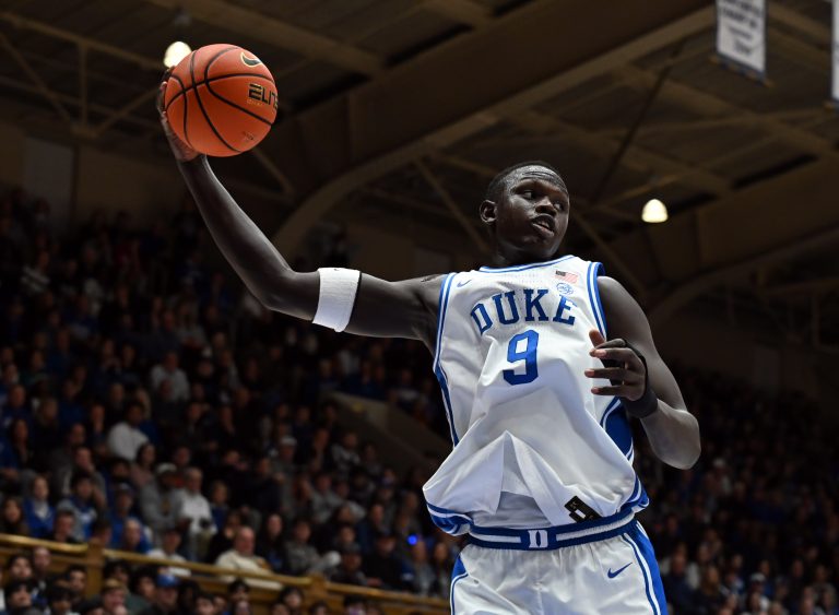 Duke Blue Devils center Khaman Maluach (9) rebounds a ball during the first half against the Miami Hurricanes at Cameron Indoor Stadium.