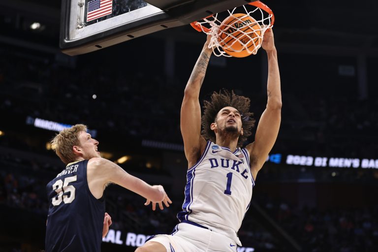 Duke Blue Devils center Dereck Lively II (1) dunks the ball against Oral Roberts Golden Eagles forward Connor Vanover (35) during the first half at Amway Center.