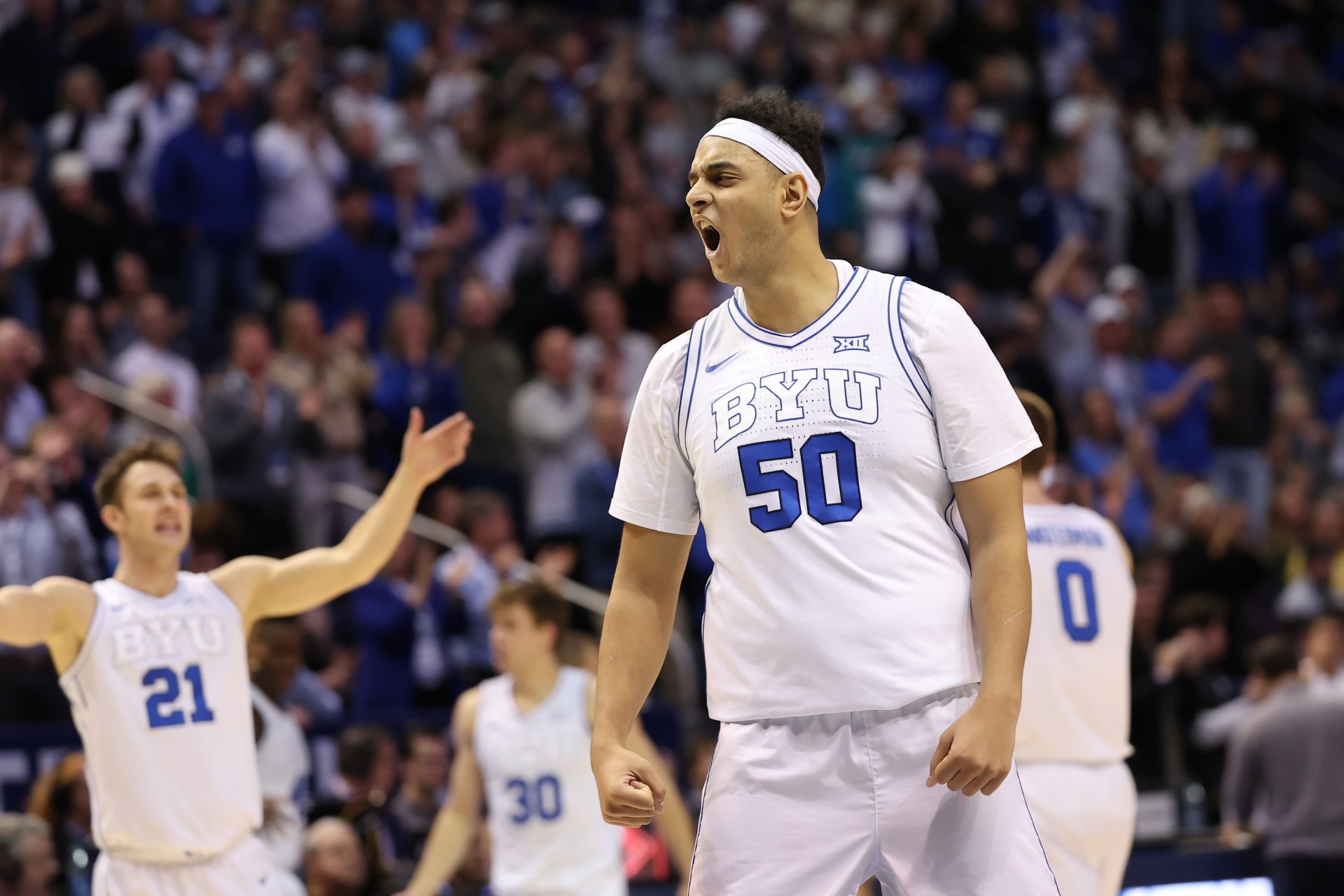 Brigham Young Cougars center Aly Khalifa (50) reacts to a play against the Baylor Bears during the first half at Marriott Center.