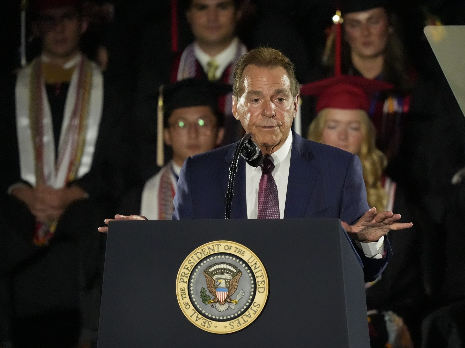 Former Alabama football coach Nick Saban introduces President Donald Trump. Trump delivered a special commencement address to University of Alabama graduates at Coleman Coliseum. Graduation occurs over the weekend.