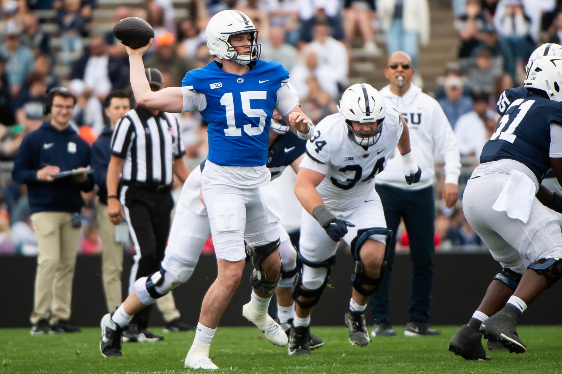 Penn State quarterback Drew Allar (15) throws the ball during the Blue-White game at Beaver Stadium