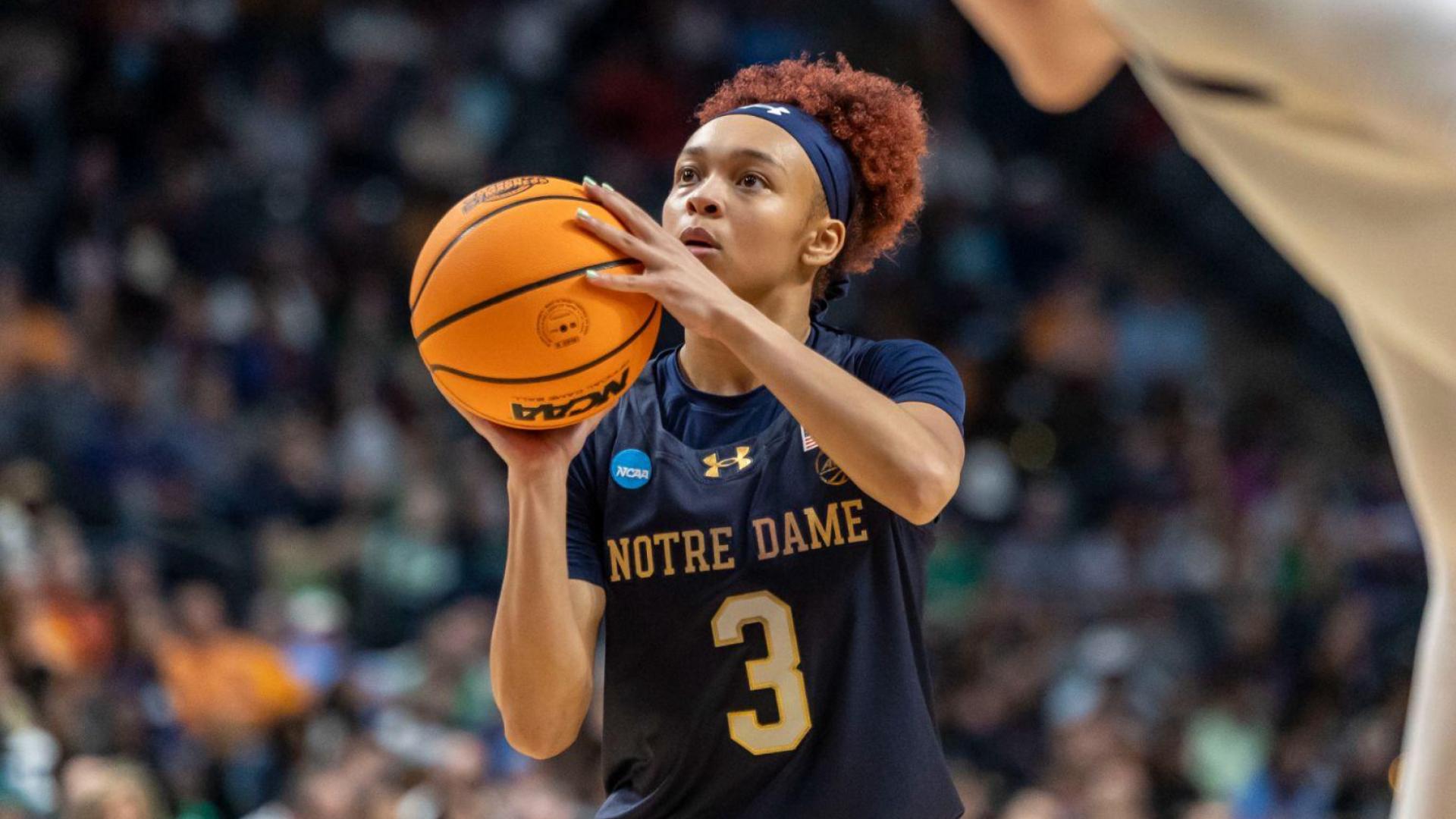 Notre Dame Fighting Irish guard Hannah Hidalgo (3) shoots a free throw during the first half of a Sweet 16 NCAA Tournament basketball game against the TCU Horned Frogs at Legacy Arena.