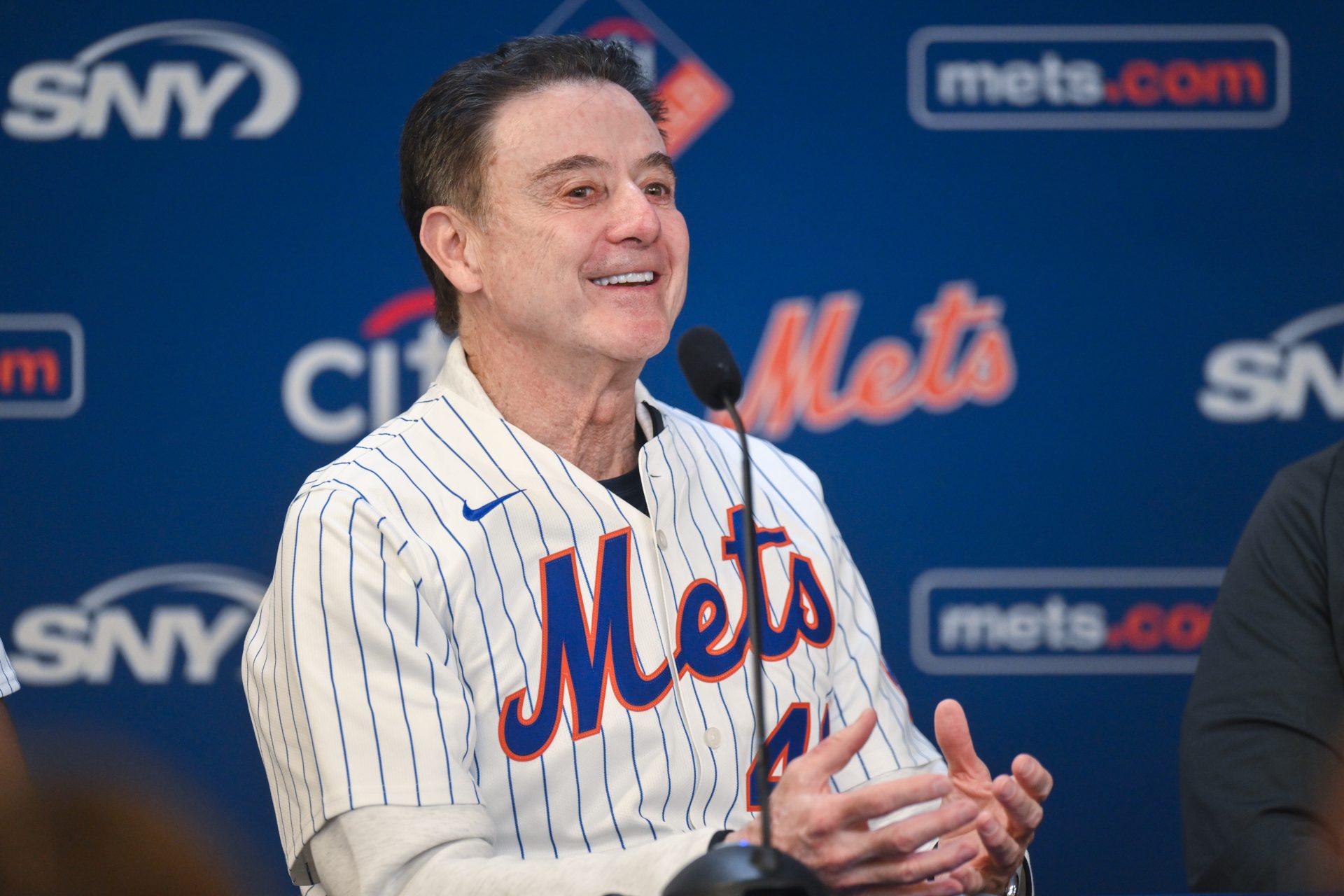 St. Johns mens basketball head coach Rick Pitino speaks at a press conference before a pregame ceremony honoring the team at a game between the New York Mets and the Miami Marlins at Citi Field.