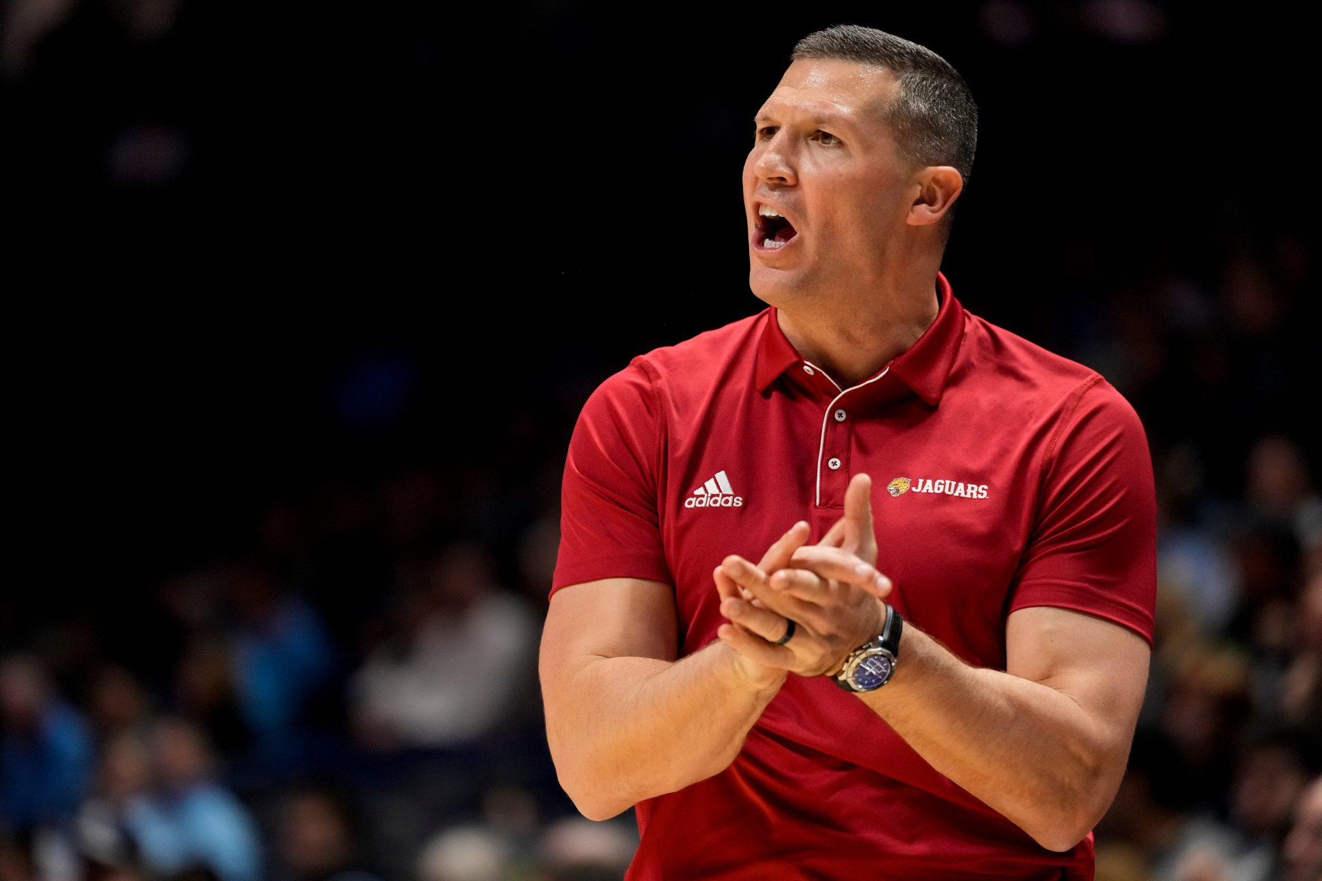 IU Indy Jaguars head coach Paul Corsaro shouts to his team in the first half of the NCAA Men’s basketball game between the Xavier Musketeers and the IU Indy Jaguars at the Cintas Center at Xavier University in Cincinnati on Friday, Nov. 8, 2024. © Sam Greene/The Enquirer / USA TODAY NETWORK via Imagn Images