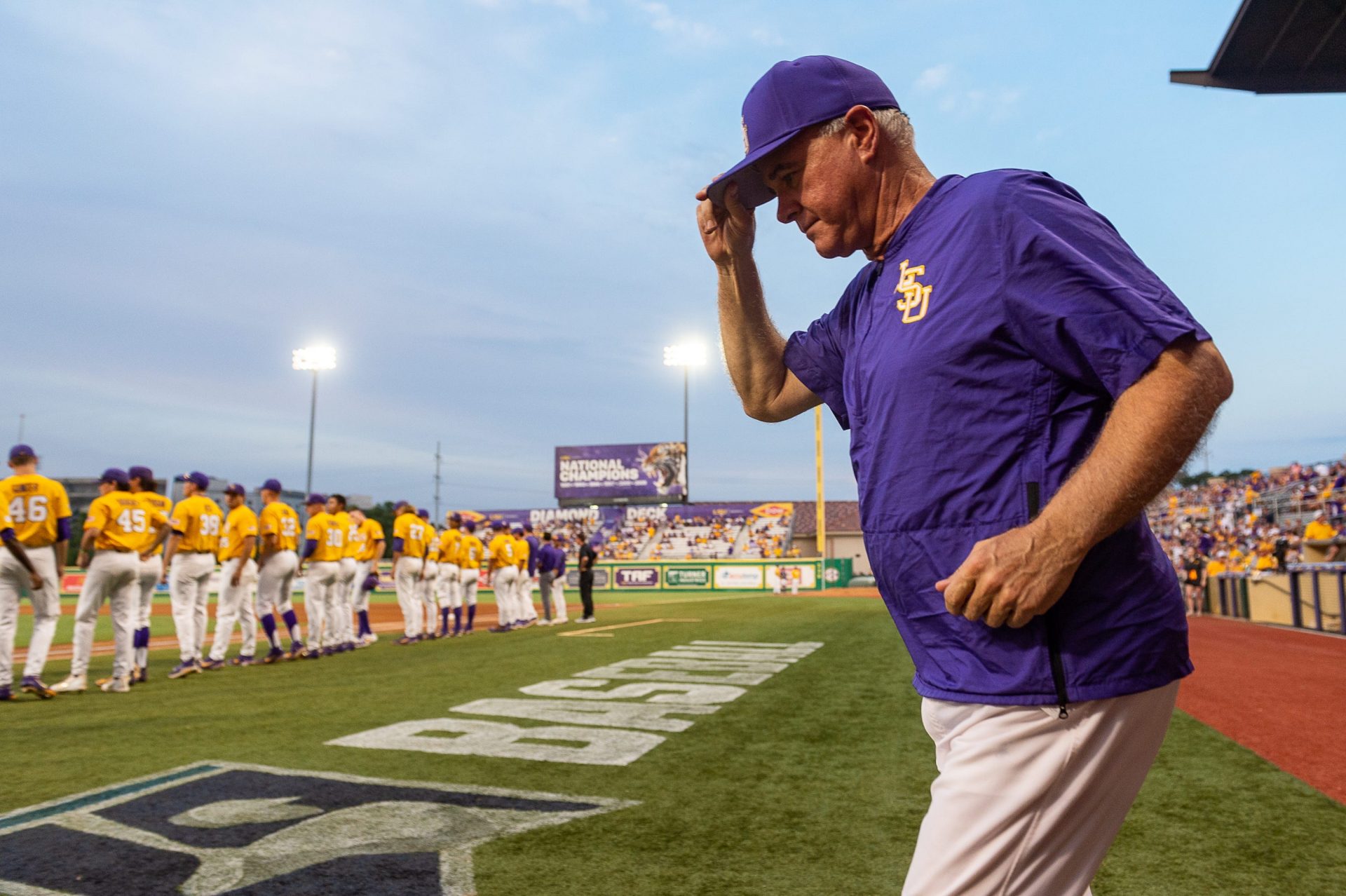 Paul Mainieri takes the field as The LSU Tigers take on Southern Miss in the 2019 NCAA Regional Tournament