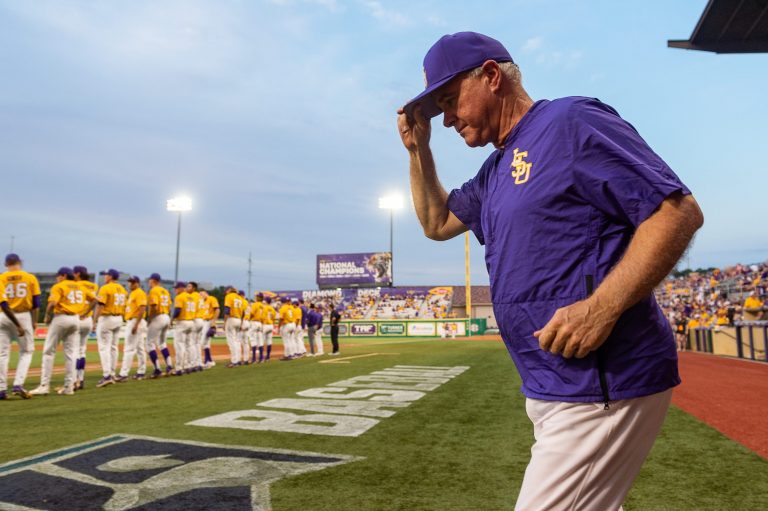 Paul Mainieri takes the field as The LSU Tigers take on Southern Miss in the 2019 NCAA Regional Tournament