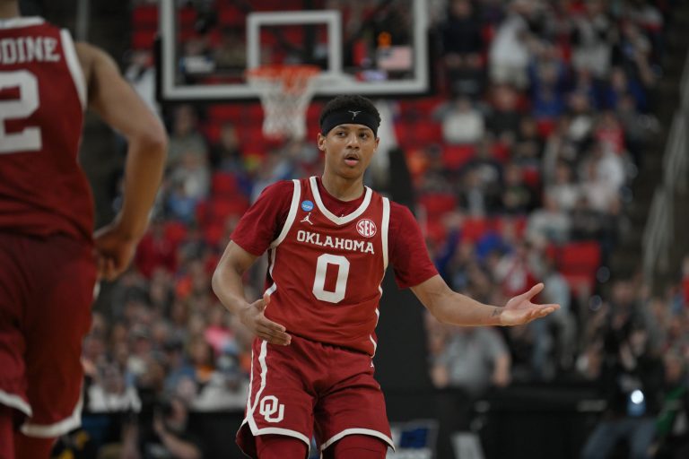 Oklahoma Sooners guard Jeremiah Fears (0) reacts after scoring against Connecticut Huskies during the second half at Lenovo Center.