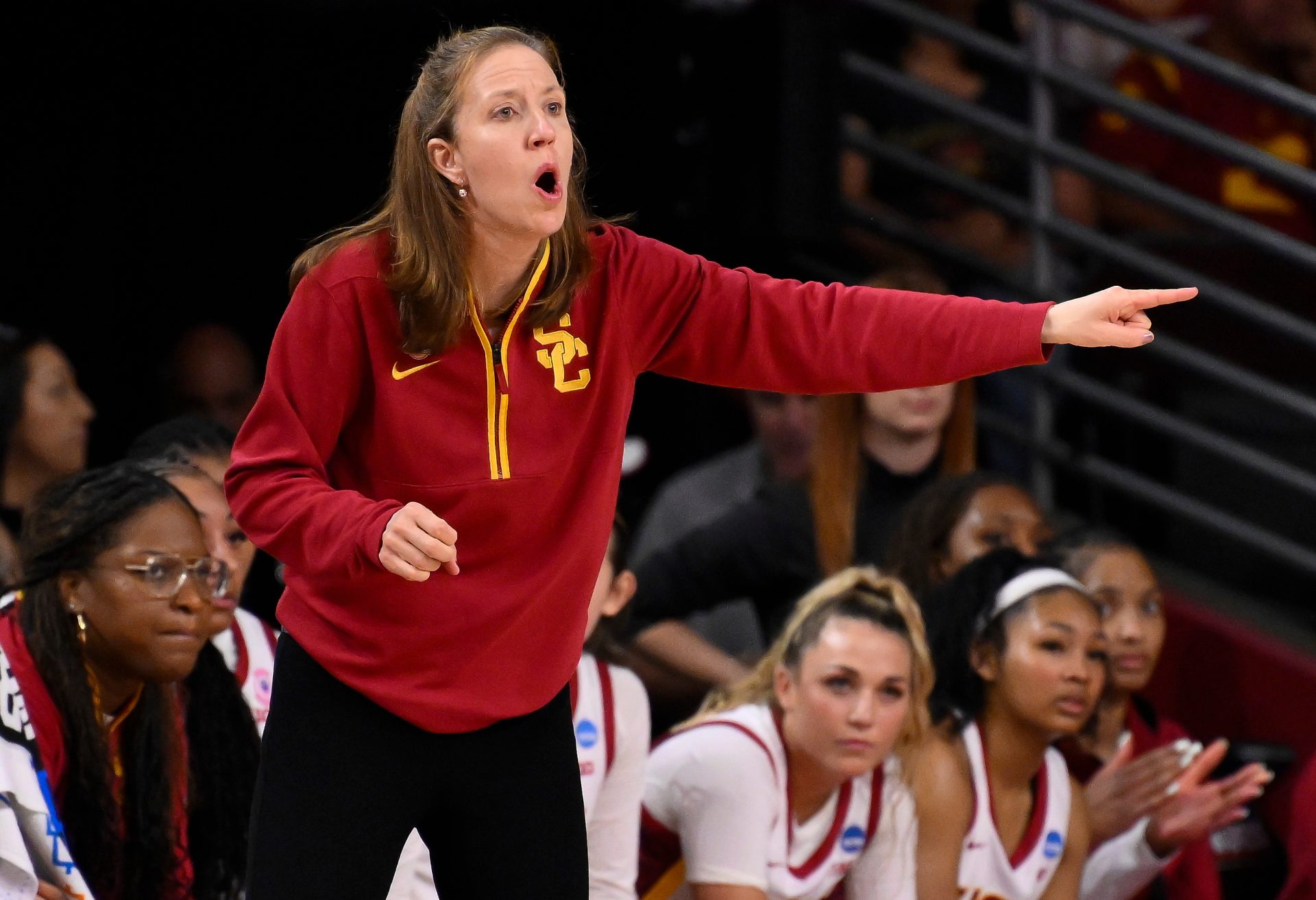 USC Trojans head coach Lindsay Gottlieb during the fourth quarter of an NCAA Tournament game against the UNC Greensboro Spartans at Galen Center.