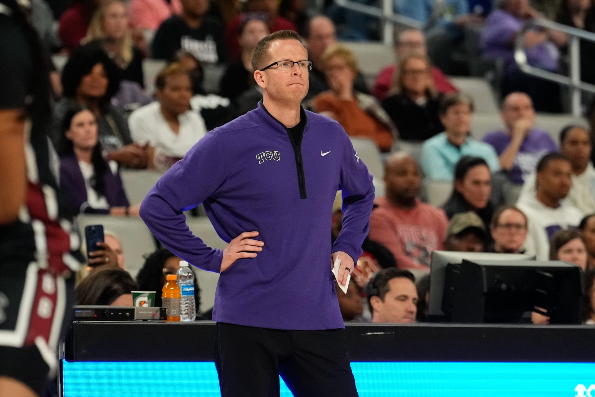 TCU Horned Frogs head coach Mark Campbell reacts against the South Carolina Gamecocks during the first half at Dickies Arena.