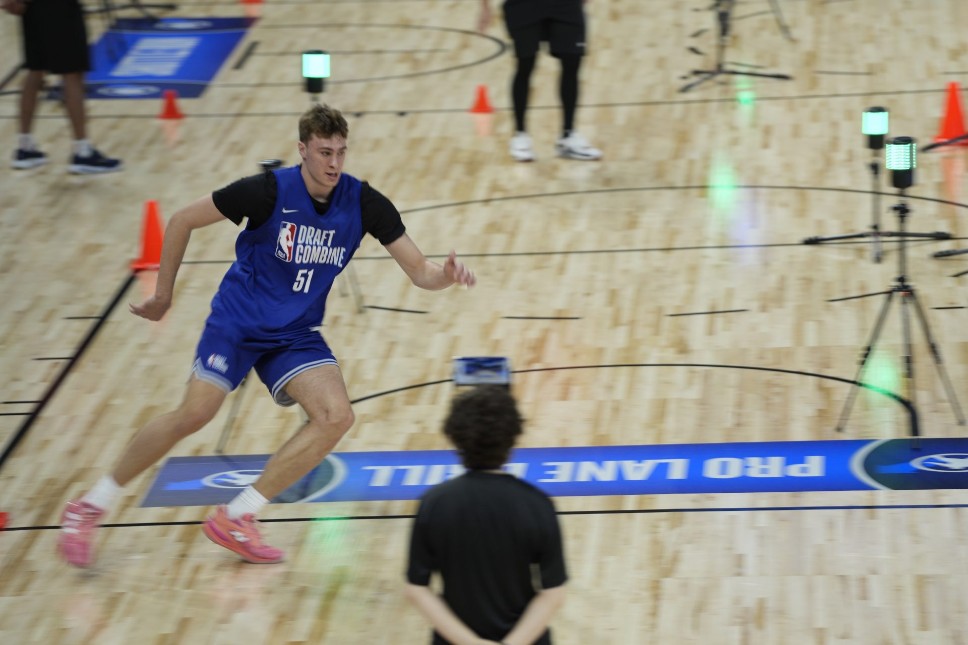 Cooper Flagg (51) participates in the 2025 NBA Draft Combine at Wintrust Arena.