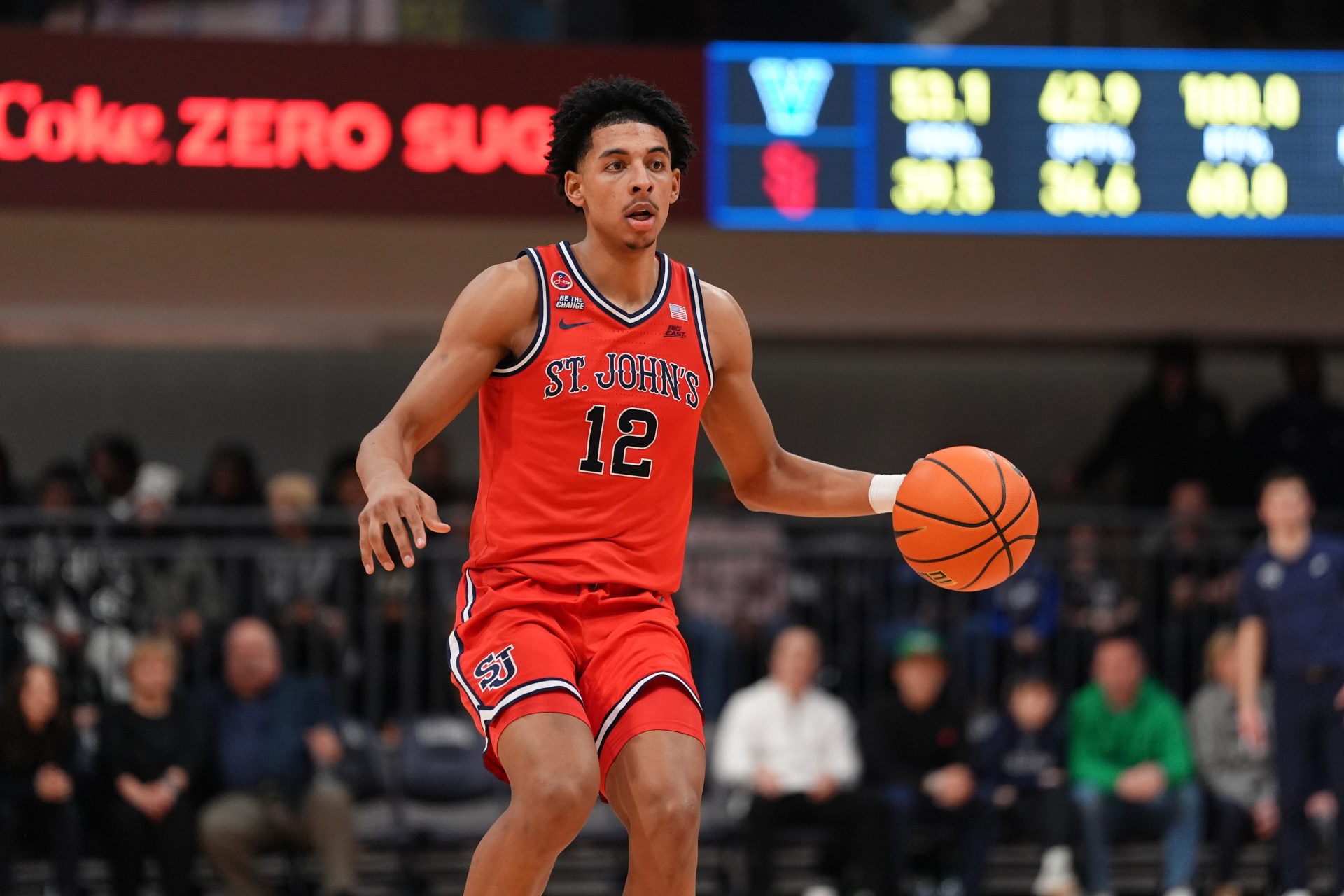 Saint John's Red Storm guard RJ Luis Jr (12) controls the ball against the Villanova Wildcats in the second half at William B. Finneran Pavilion.