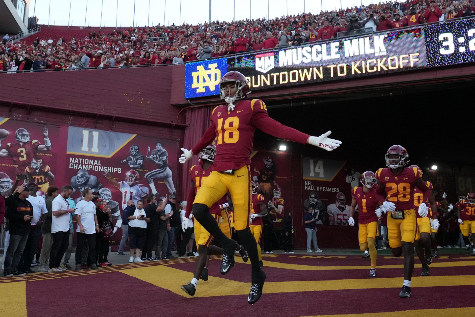Southern California Trojans linebacker Eric Gentry (18) enters the field before the game against the Notre Dame Fighting Irish at United Airlines Field at Los Angeles Memorial Coliseum.