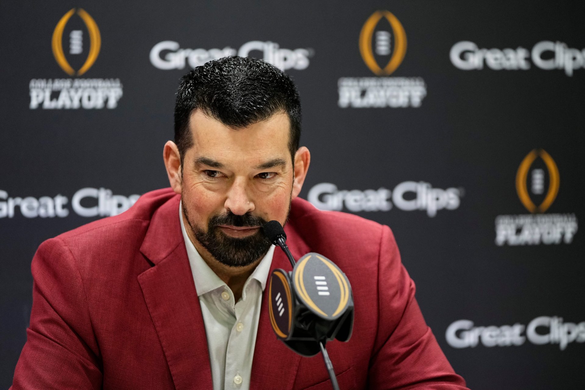 Ohio State Buckeyes head coach Ryan Day speaks during Media Day for the College Football Playoff against the Notre Dame Fighting Irish