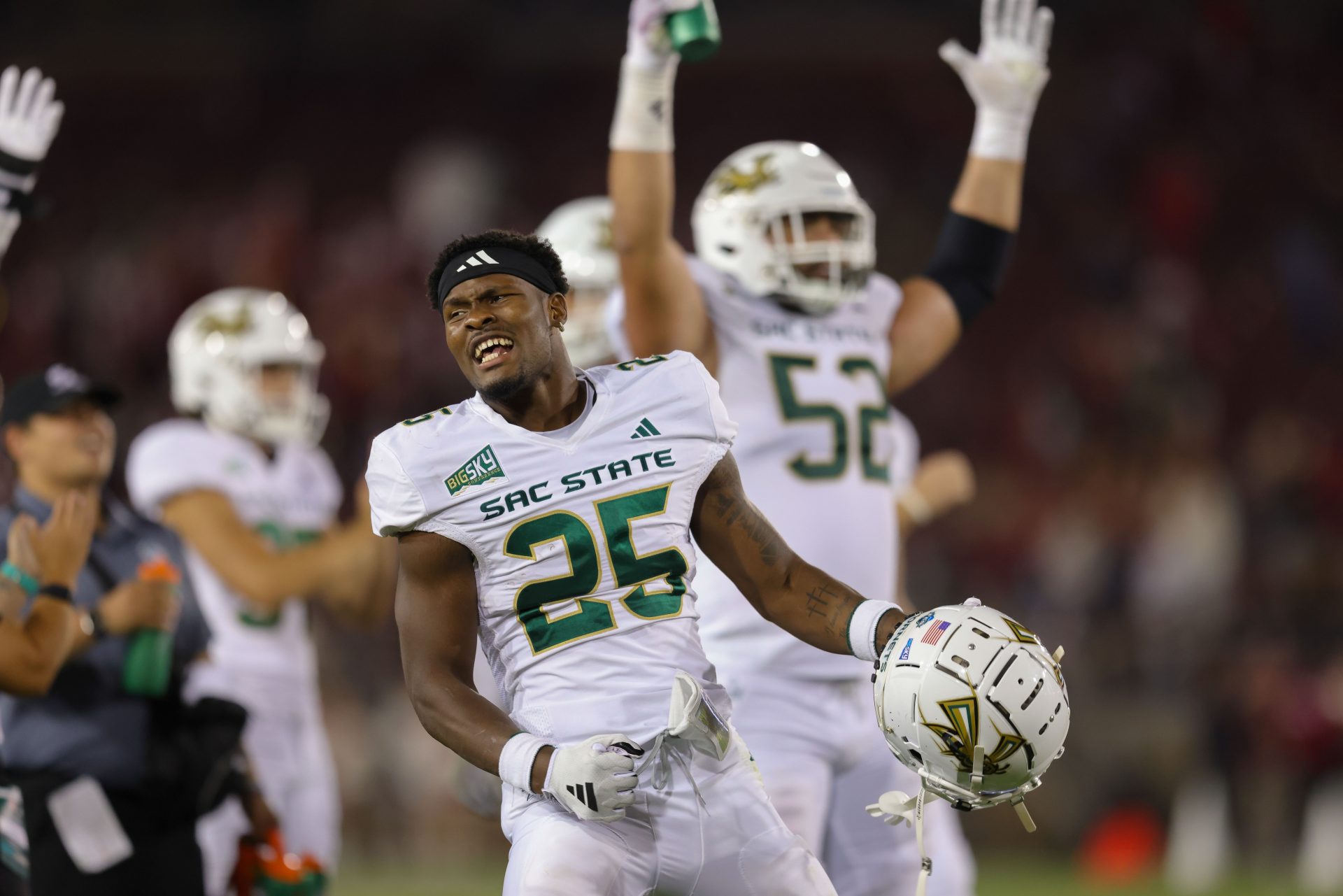 Sacramento State Hornets running back Elijah Tau-Tolliver (25) celebrates after a touchdown during the fourth quarter against the Stanford Cardinal at Stanford Stadium.