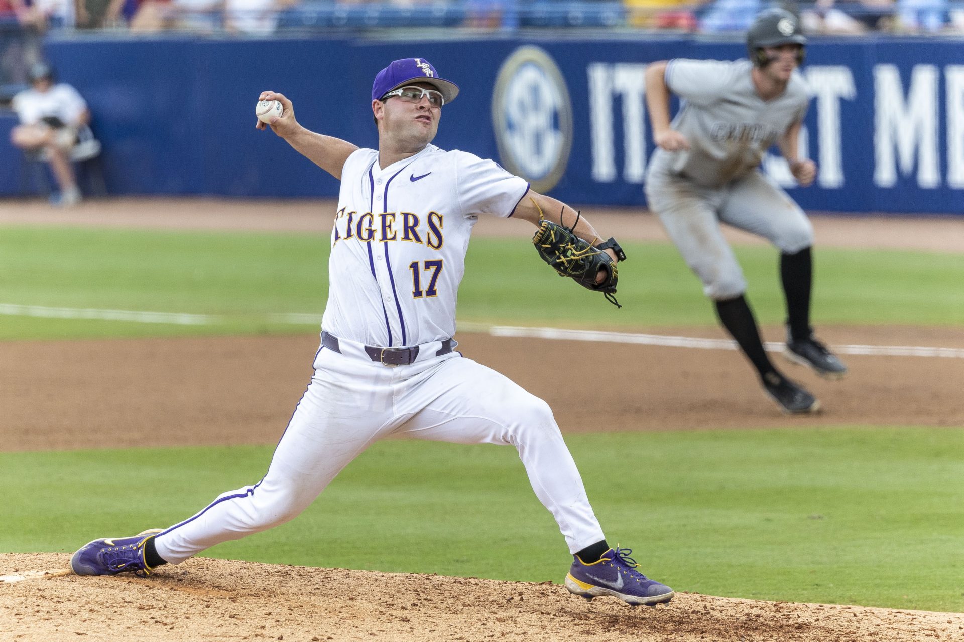 LSU Tigers pitcher Samuel Dutton (17) pitches against the South Carolina Gamecocks during the SEC Baseball Tournament at Hoover Metropolitan Stadium.