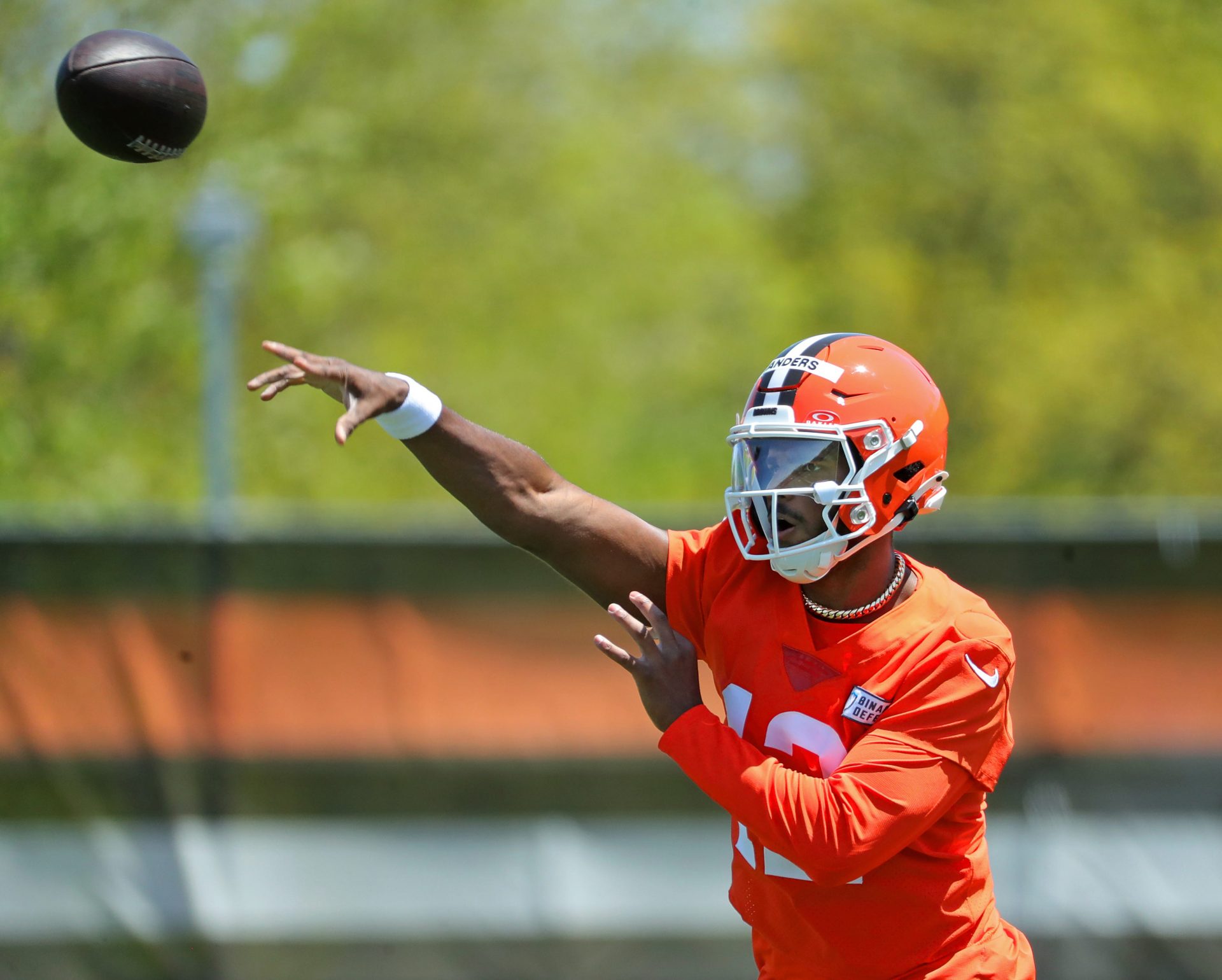 Cleveland Browns quarterback Shedeur Sanders (12) throws during day two of NFL rookie minicamp at the Cleveland Browns training facility on Saturday, May 10, 2025, in Berea, Ohio.