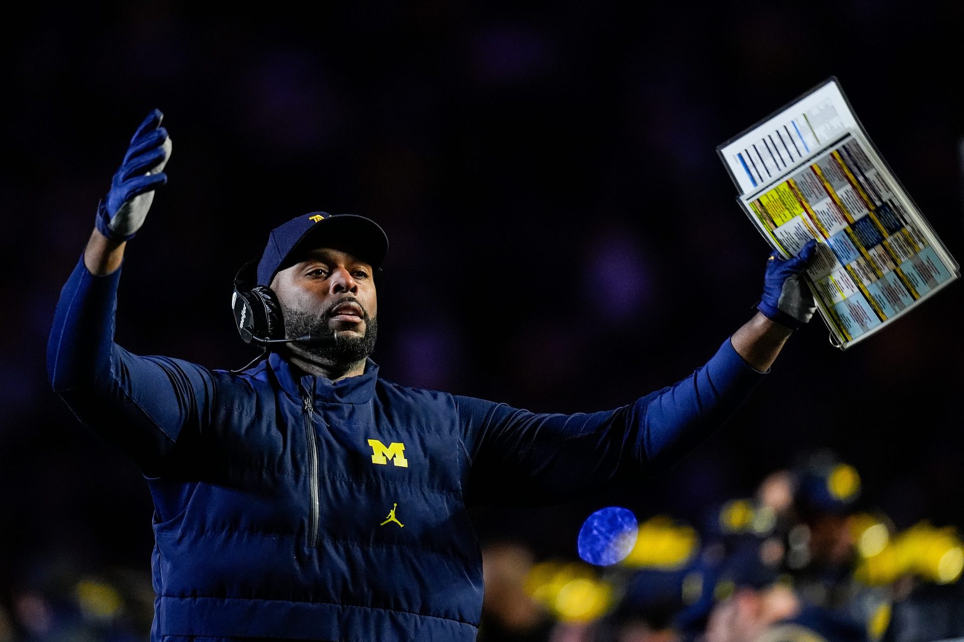 Michigan head coach Sherrone Moore celebrates a touchdown against Michigan State during the second half at Michigan Stadium