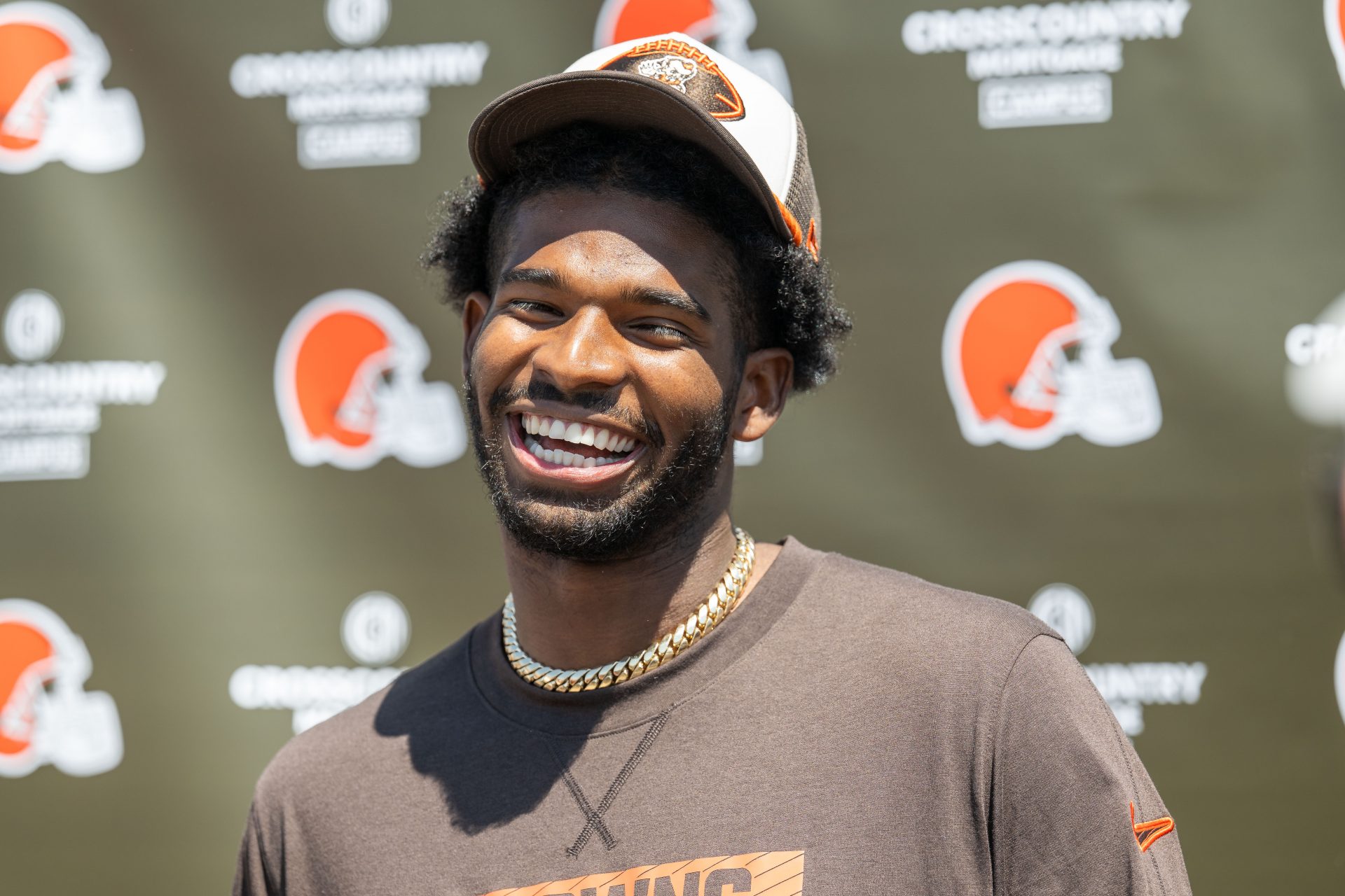 Cleveland Browns quarterback Shedeur Sanders (12) talks to the media during rookie minicamp at CrossCountry Mortgage Campus.