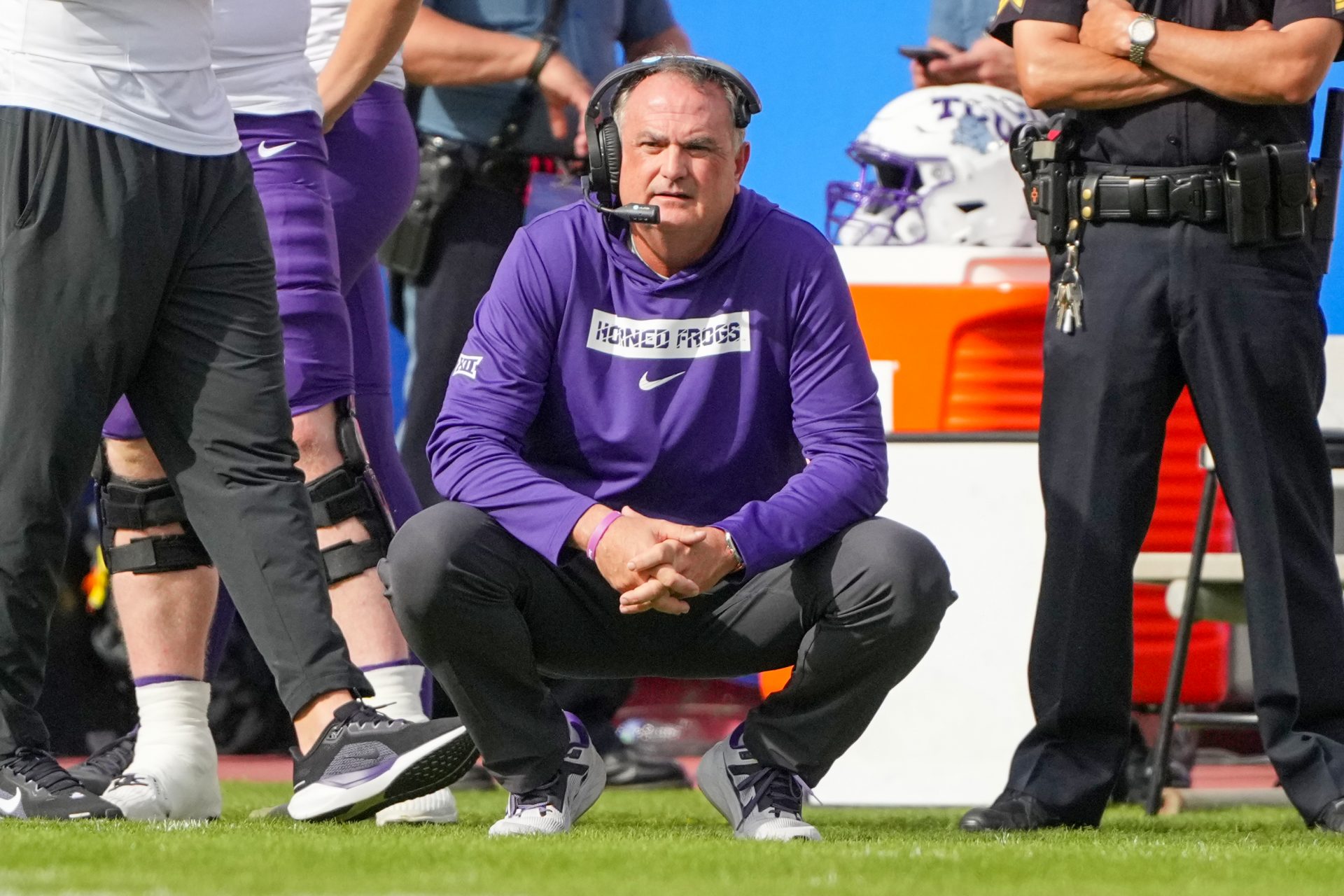 TCU Horned Frogs head coach Sonny Dykes watches play against the Kansas Jayhawks during the first half at GEHA Field at Arrowhead Stadium.