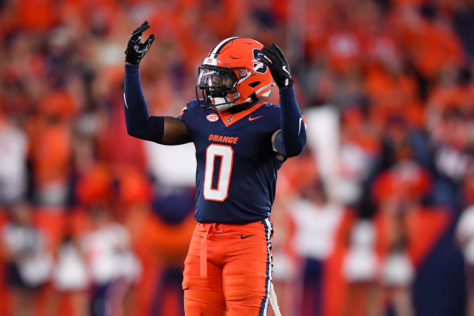 Syracuse Orange defensive back Duce Chestnut (0) gestures to the fans against the Stanford Cardinal during the second half at the JMA Wireless Dome.