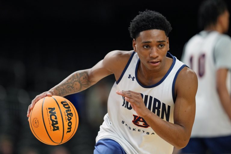 Auburn Tigers guard Tahaad Pettiford (0) during a practice session for the Final Four of the 2025 NCAA tournament at Alamodome.