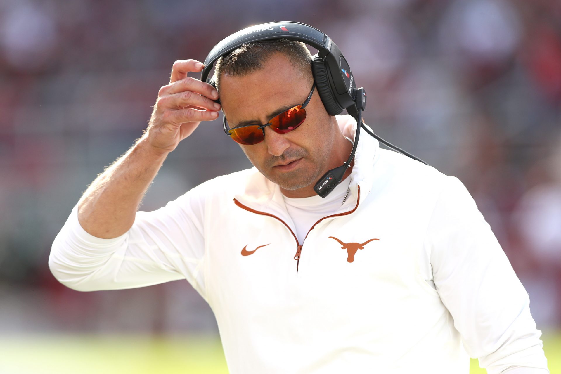 Texas Longhorns head coach Steve Sarkisian during the fourth quarter against the Arkansas Razorbacks at Donald W. Reynolds Razorback Stadium. Texas won 20-10.