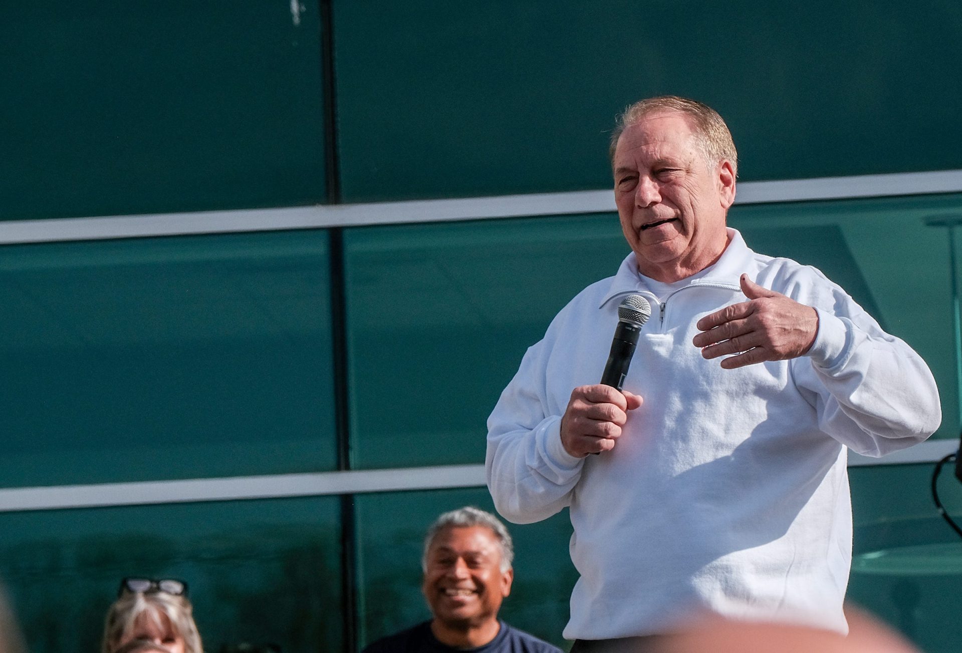 Michigan State Men's Head Basketball Coach Tom Izzo speaks to the crowd before the start of the Izzo Legacy 5K run