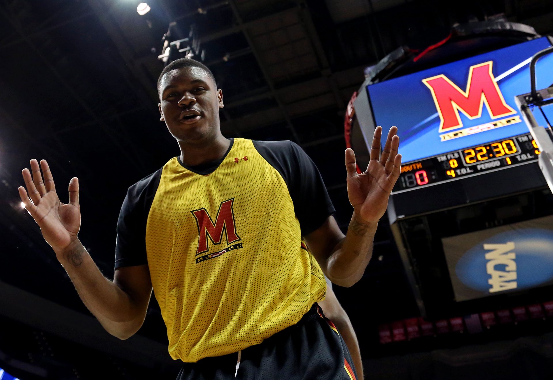 Maryland Terrapins center Diamond Stone (33) during practice the day before the semifinals of the South regional of the NCAA Tournament at KFC YUM!.