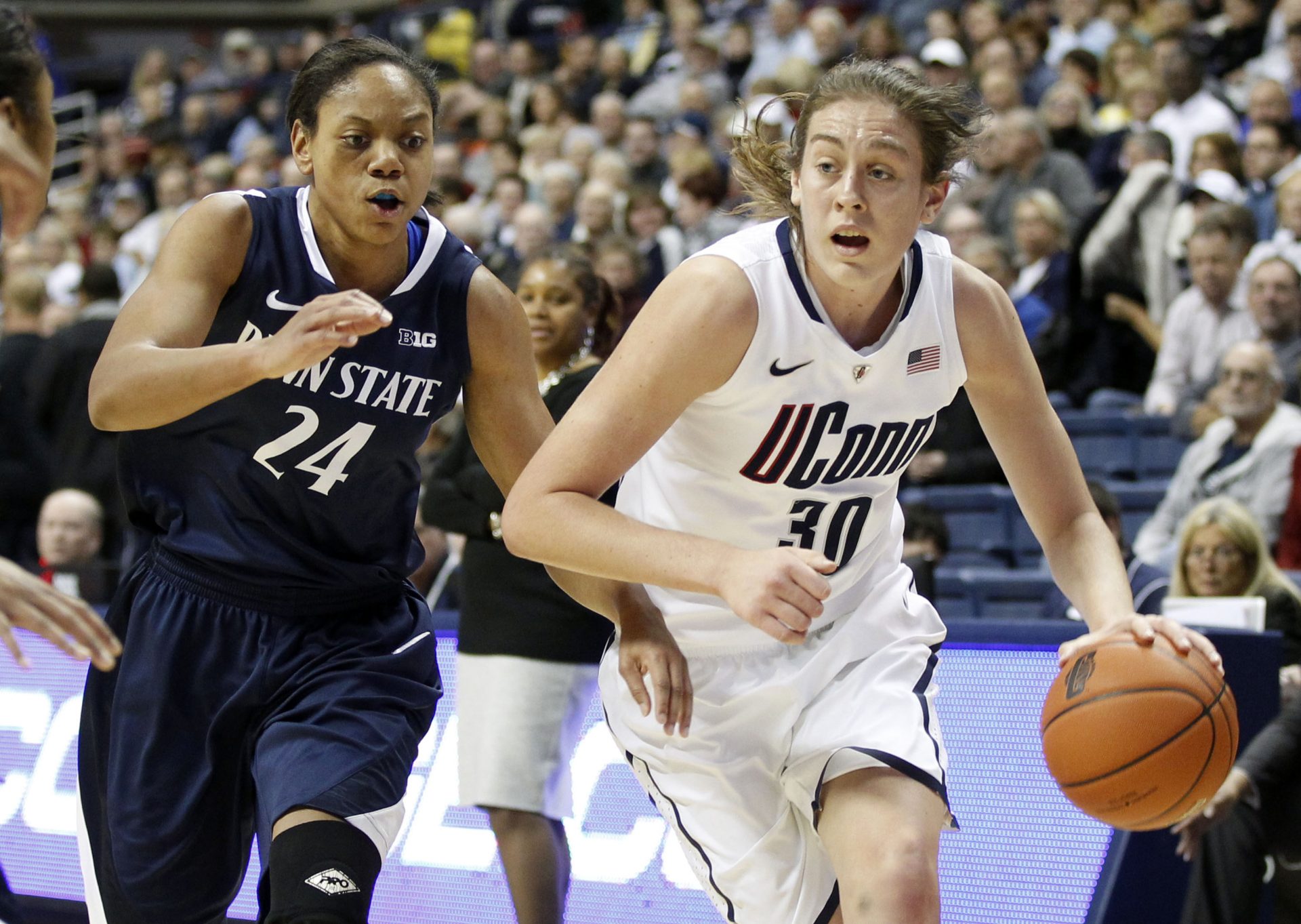 Connecticut Huskies forward Breanna Stewart (30) drives the ball against Penn State Lady Lions forward Mia Nickson (24) during the first half at Gampel Pavilion.