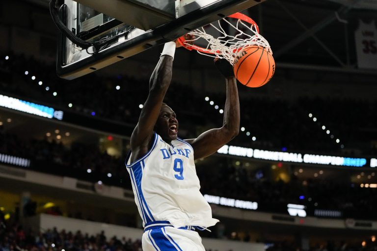 Duke Blue Devils center Khaman Maluach (9) dunks the ball against the Mount St. Mary's Mountaineers during the first half in the first round of the NCAA Tournament at Lenovo Center.