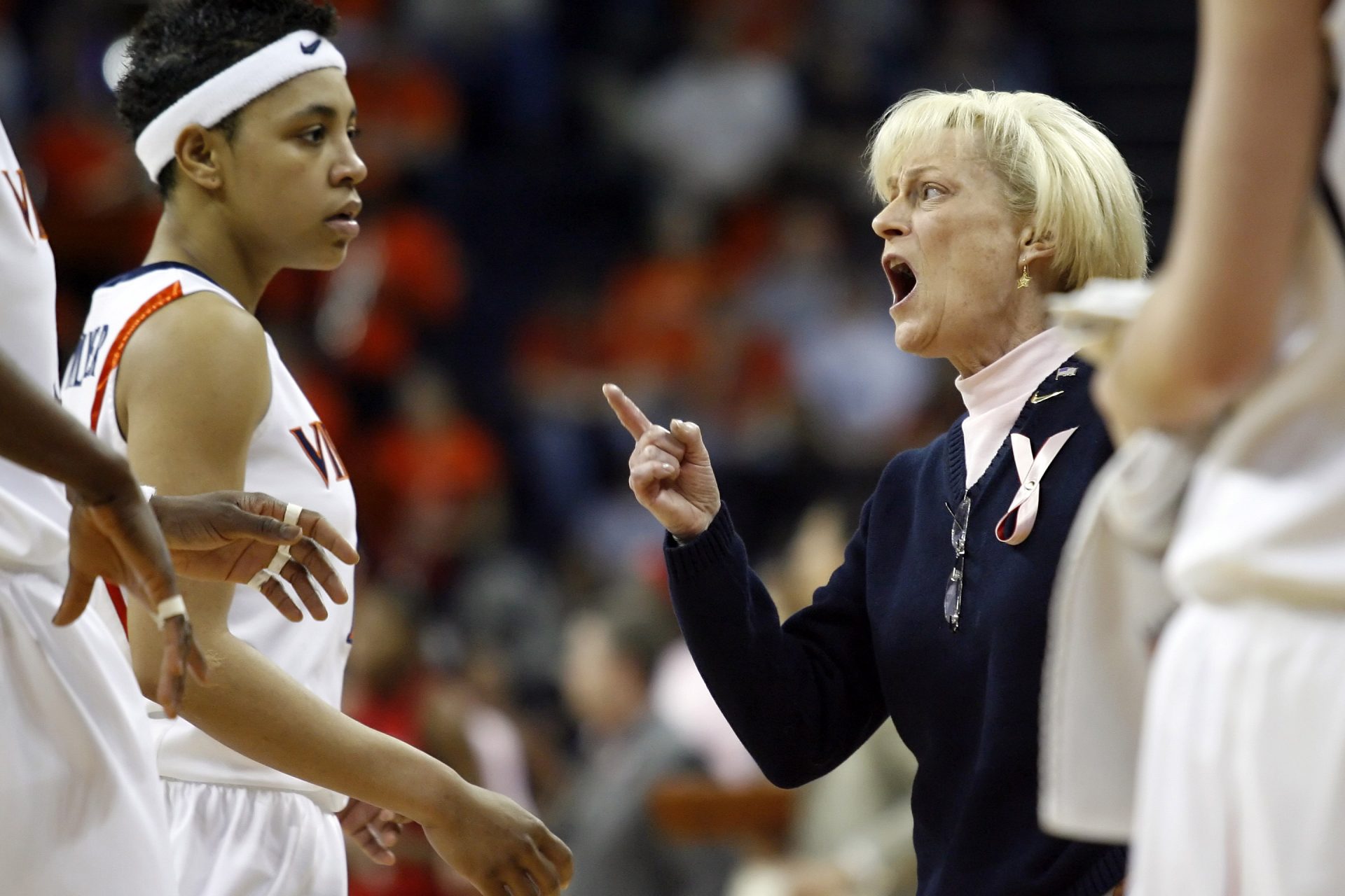 Virginia Cavaliers head coach Debbie Ryan yells at her team during a timeout against the Maryland Terrapins in the first half at John Paul Jones Arena. Virginia won 89-81.