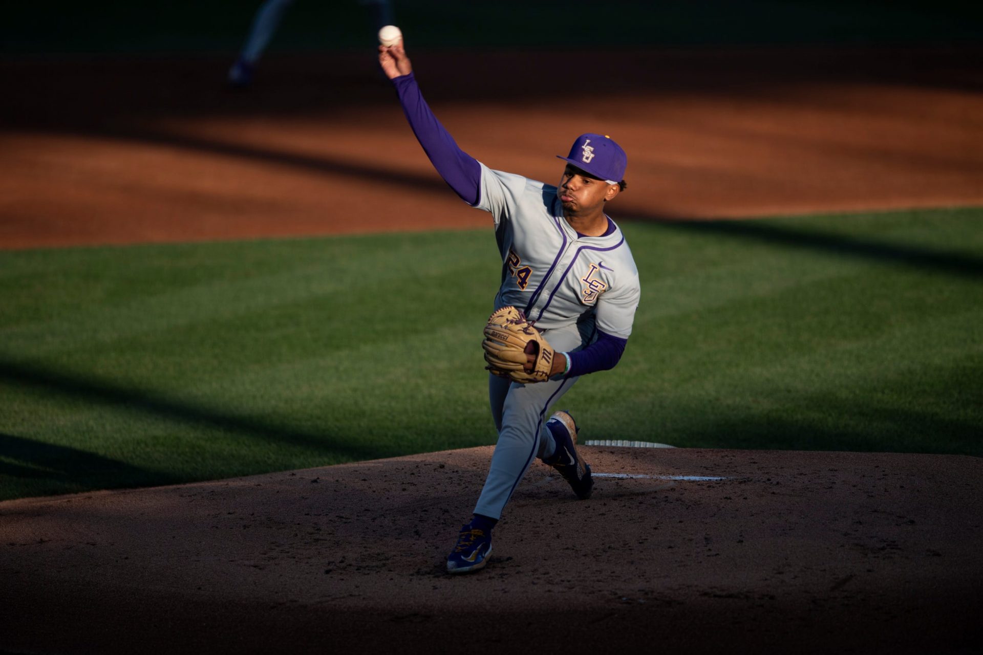 LSU Tigers' Anthony Eyanson (24) pitches the ball as Auburn Tigers take on LSU Tigers at Plainsman Park in Auburn, Ala., on Saturday, April 12, 2025.