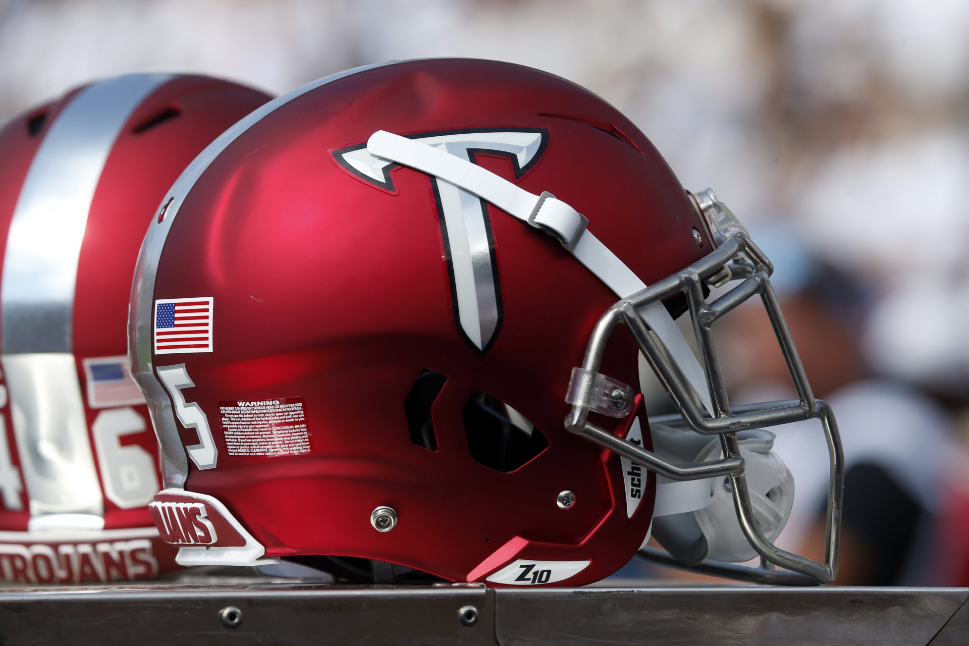 The Troy Trojans red helmet against the Mississippi Rebels at Vaught-Hemingway Stadium.