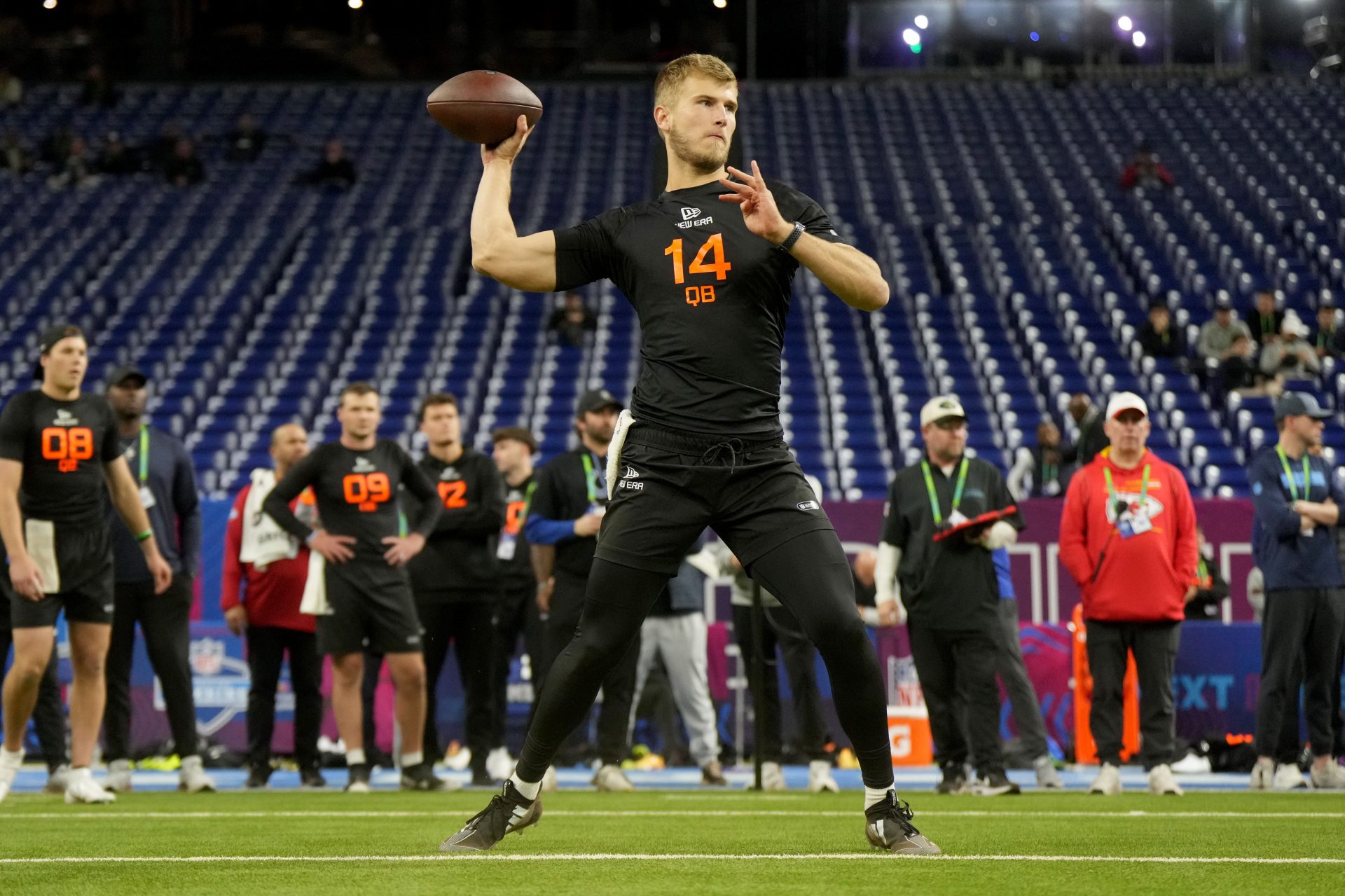 Louisville quarterback Tyler Shough (QB14) during the 2025 NFL Combine at Lucas Oil Stadium.