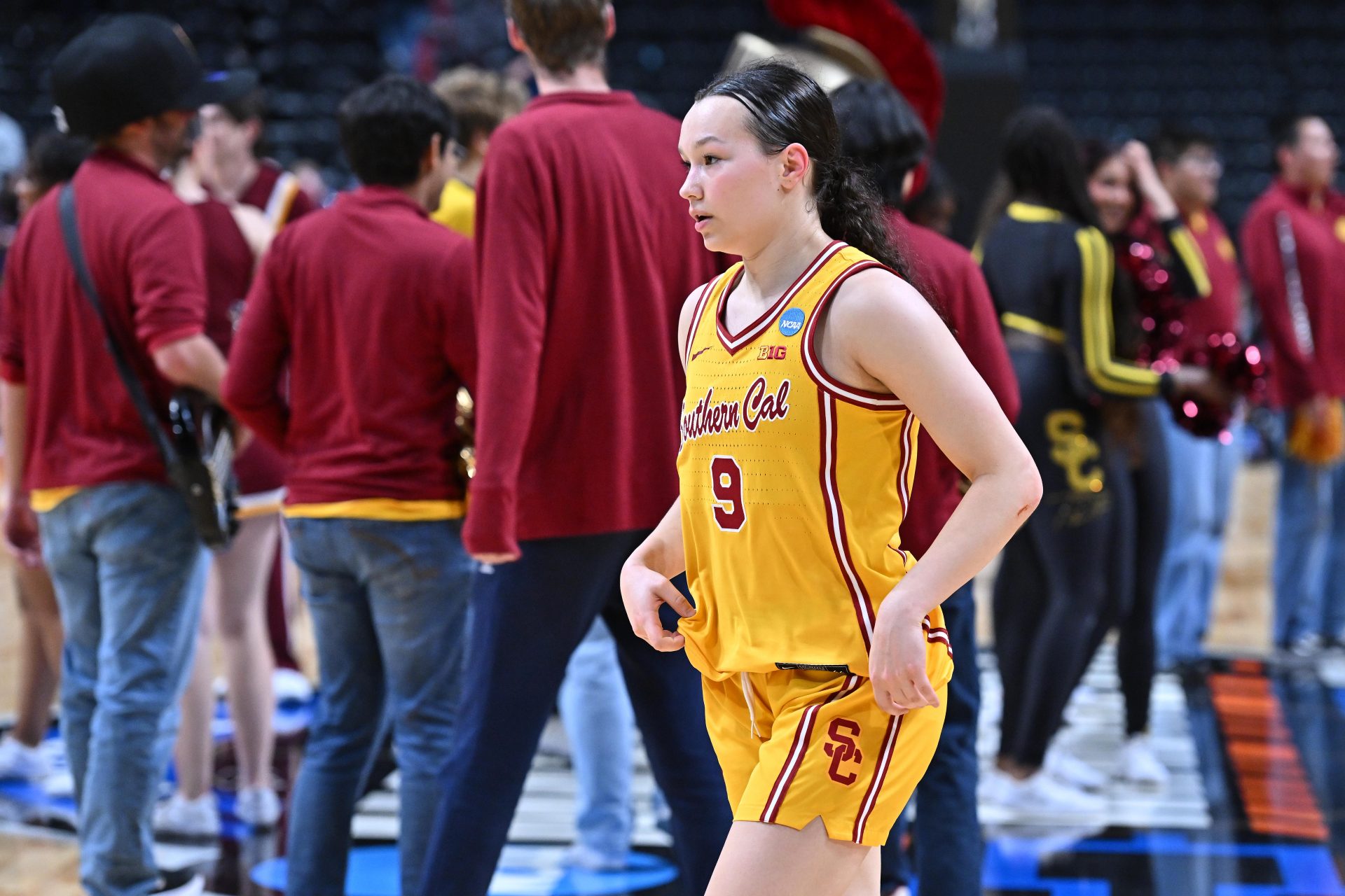 USC Trojans guard Kayleigh Heckel (9) walks off the court during the second half of a Sweet 16 NCAA Tournament basketball game against the Kansas State Wildcats at Spokane Arena.