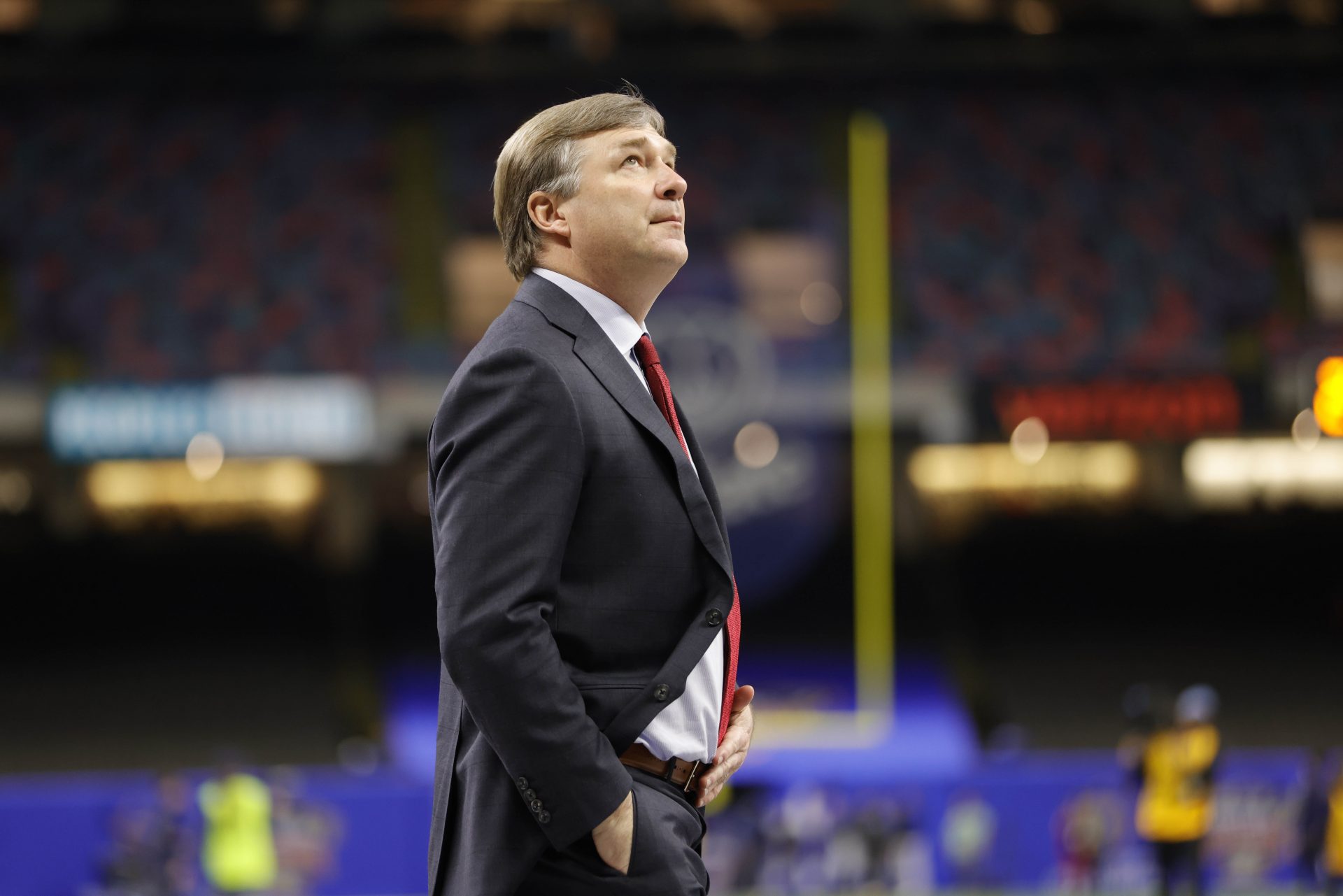 Georgia Bulldogs Kirby Smart looks on from the field prior to their game against the Notre Dame Fighting Irish at Caesars Superdome.
