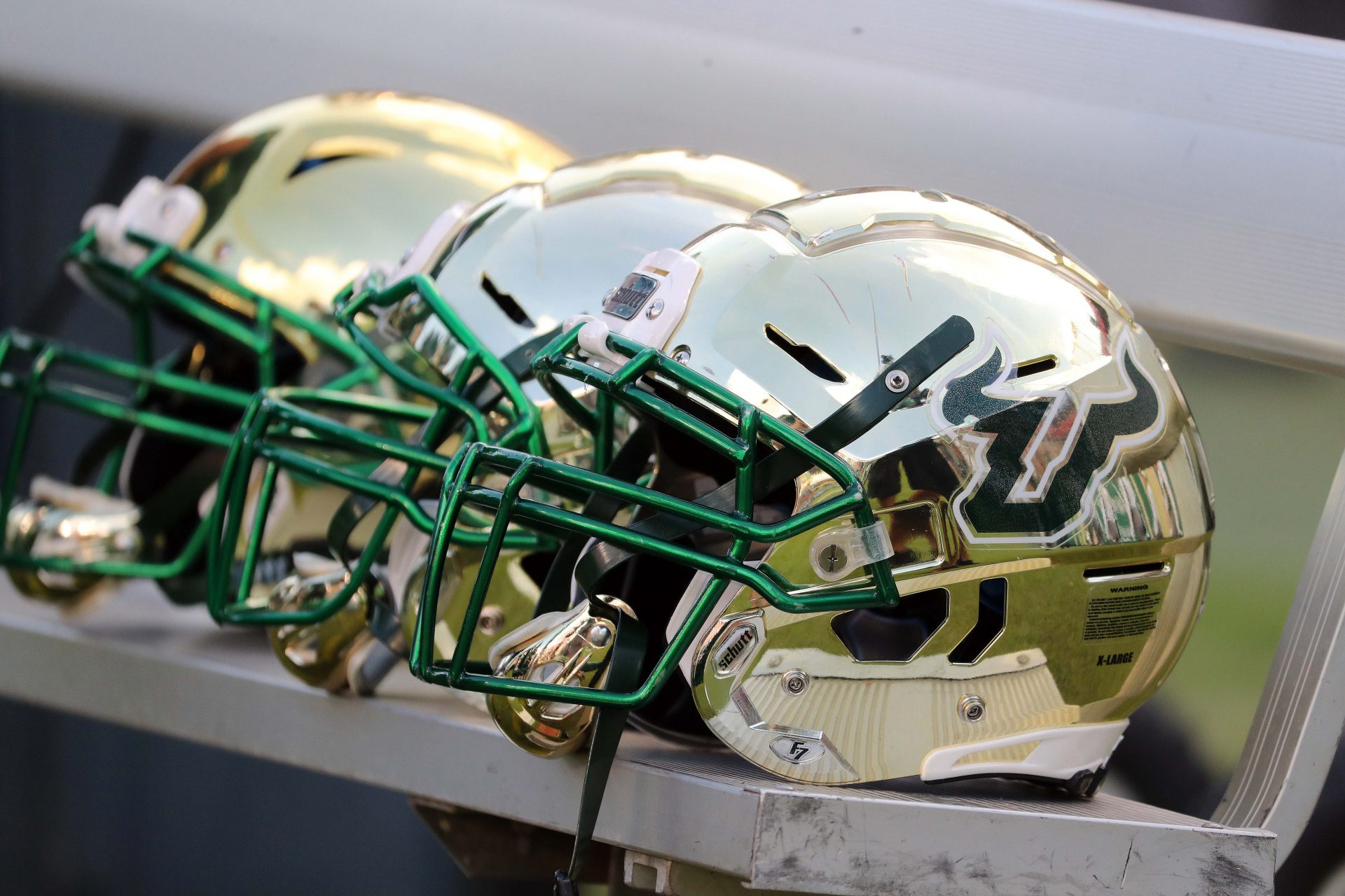 A detail view of South Florida Bulls helmets during the first quarter at Raymond James Stadium.