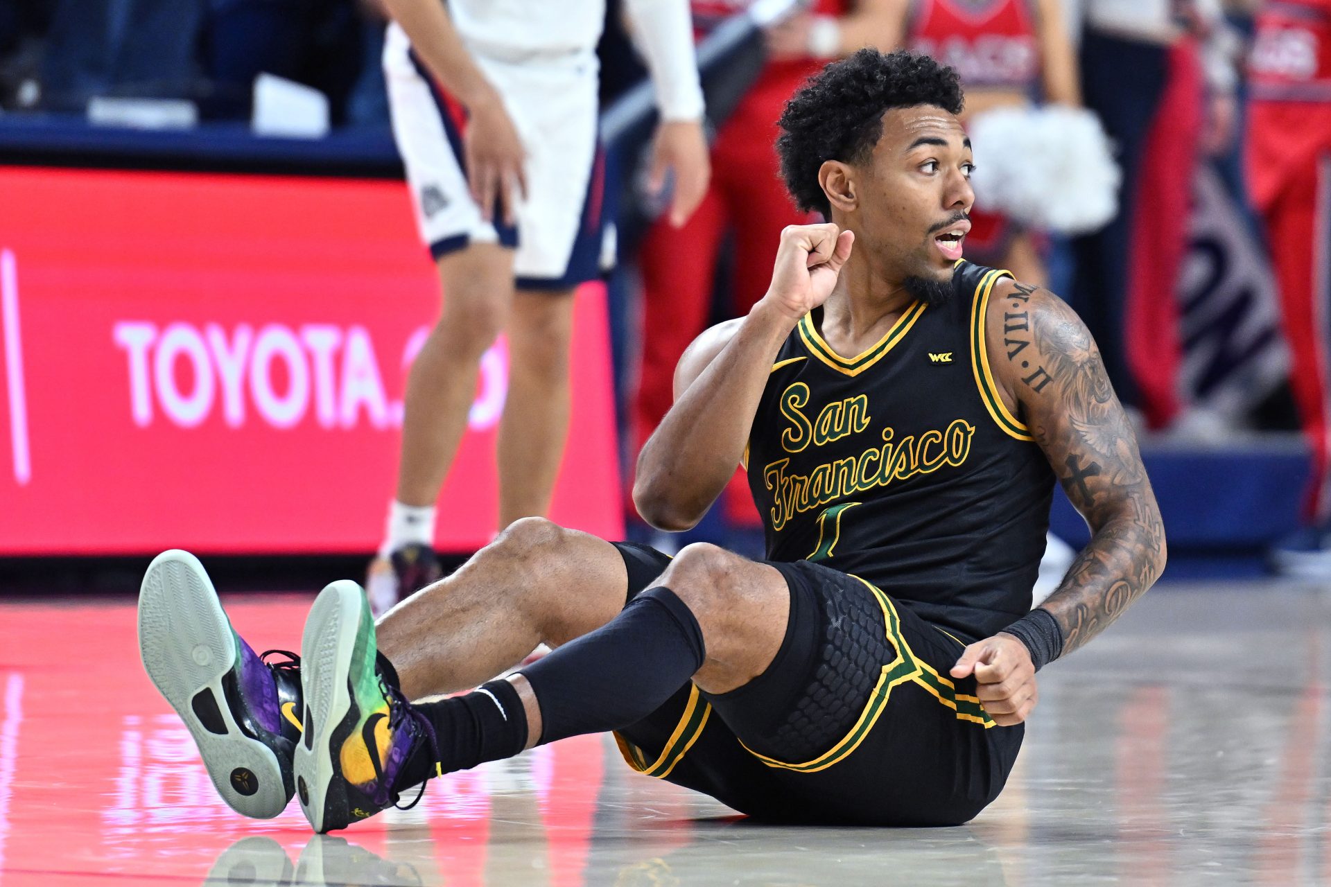 San Francisco Dons guard Malik Thomas (1) reacts after a play against the Gonzaga Bulldogs in the second half at McCarthey Athletic Center. The Bulldogs won 88-77.