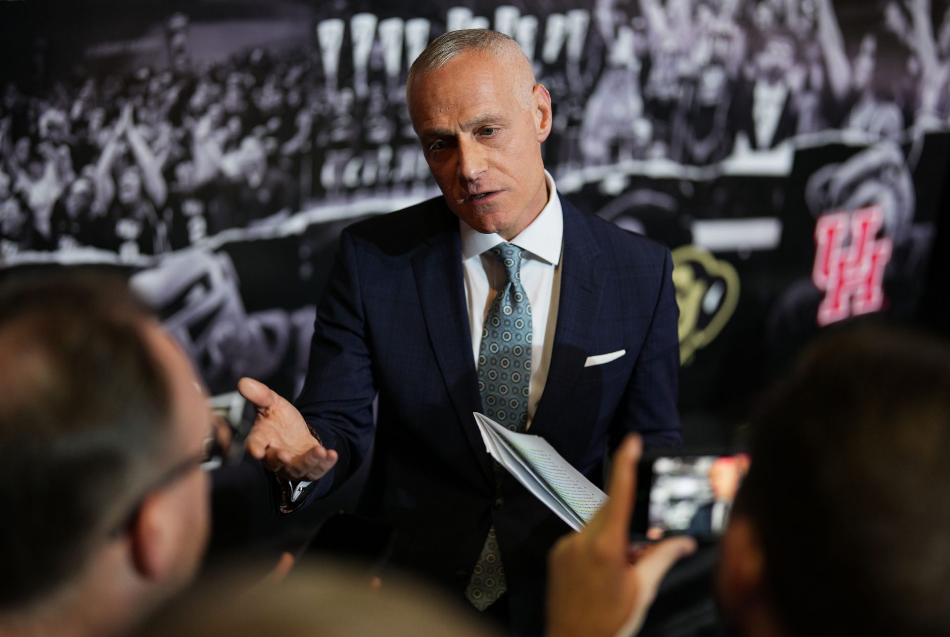 Big 12 Commissioner Brett Yormark speaks to media during Big 12 Women’s Basketball Media Day at T-Mobile Center.