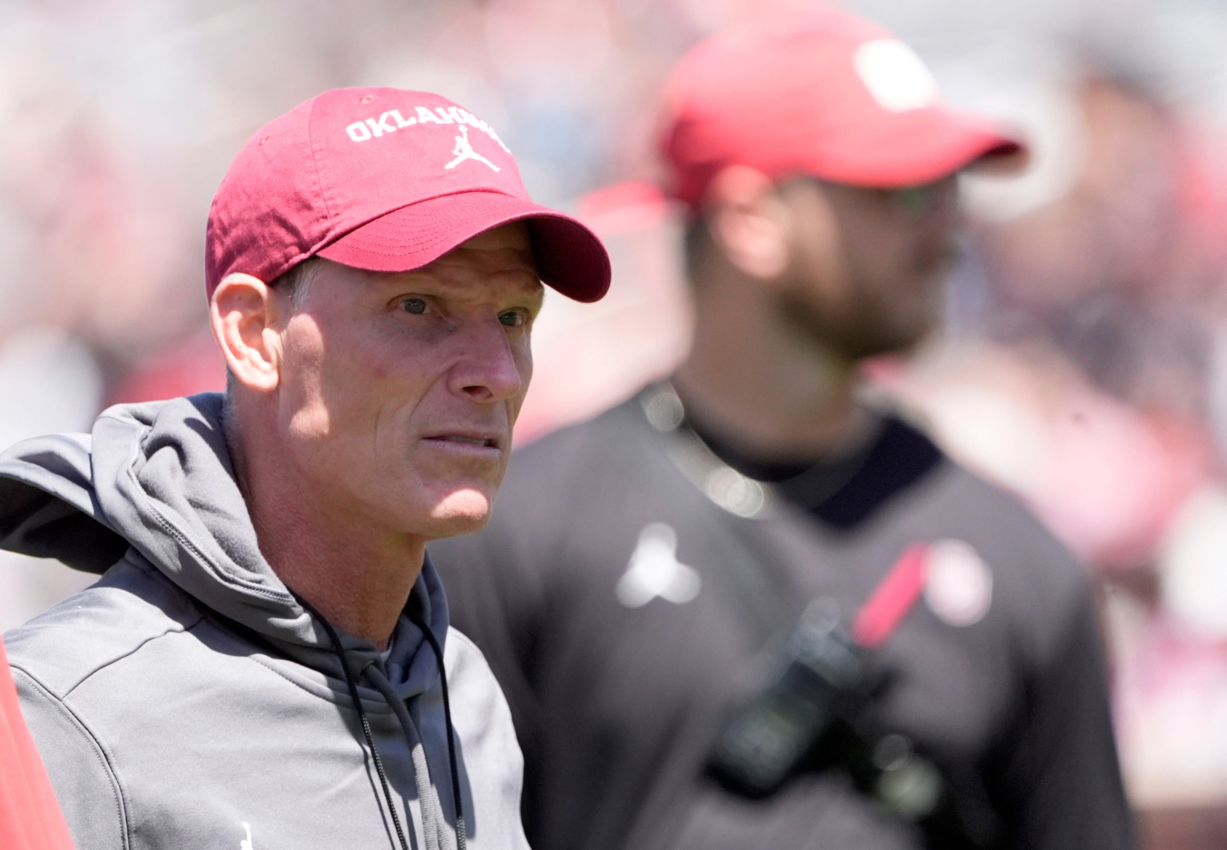Oklahoma head football coach Brent Venables watches drills during the University of Oklahoma Sooners Crimson Combine at Gaylord Family - Oklahoma Memorial Stadium in Norman, Okla., Saturday, April, 12, 2025.