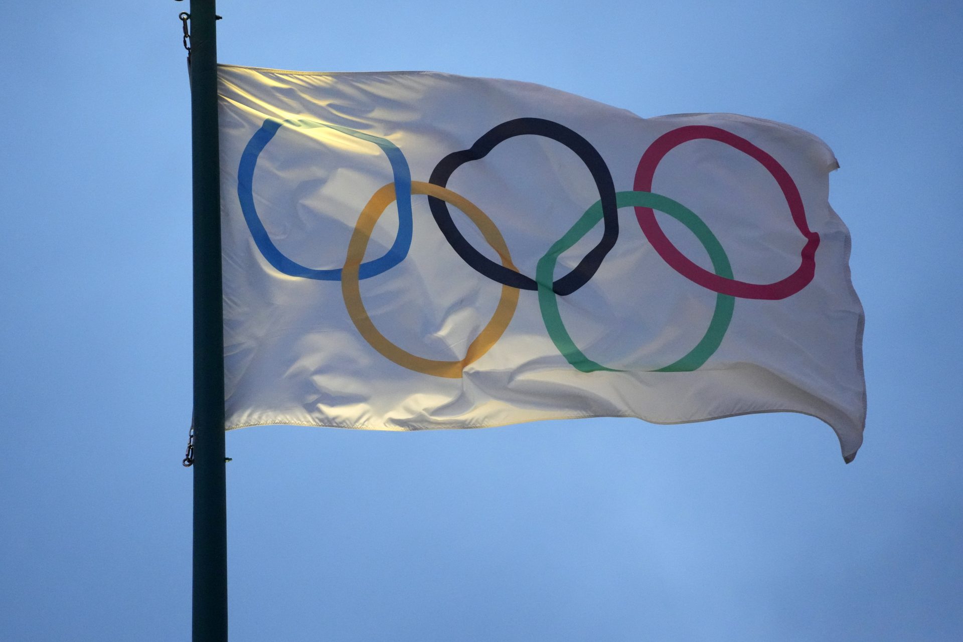 The Olympic rings flag at Centennial Park.