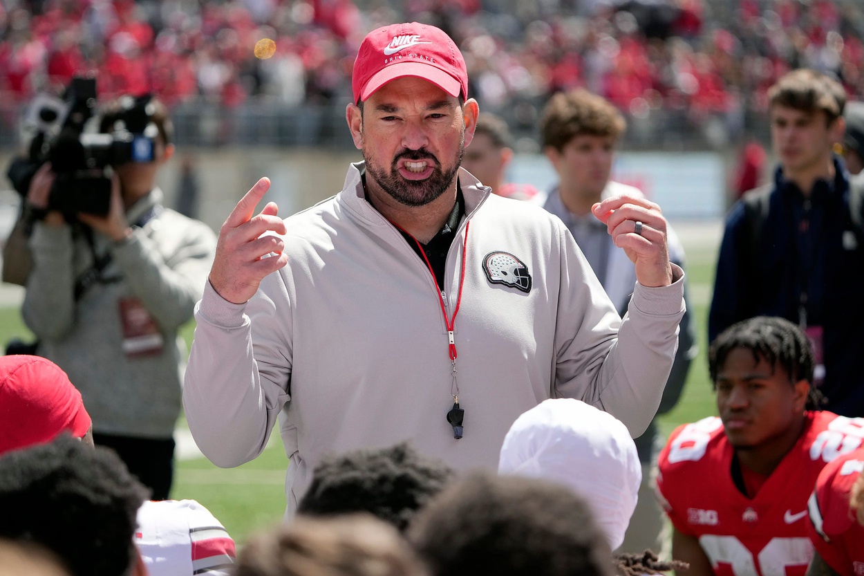 Ohio State Buckeye head coach Ryan Day addresses his team after the spring game at Ohio Stadium on April 12, 2025.