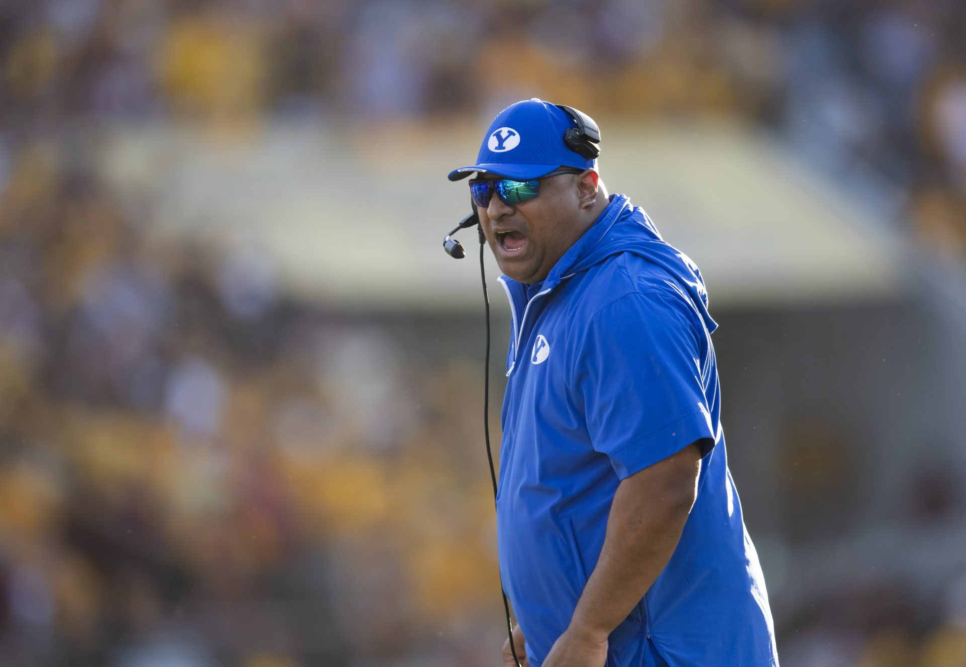 Brigham Young Cougars head coach Kalani Sitake against the Arizona State Sun Devils at Mountain America Stadium.